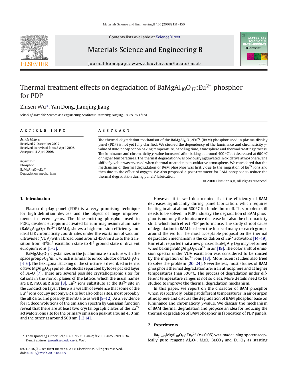 Thermal treatment effects on degradation of BaMgAl10O17:Eu2+ phosphor for PDP