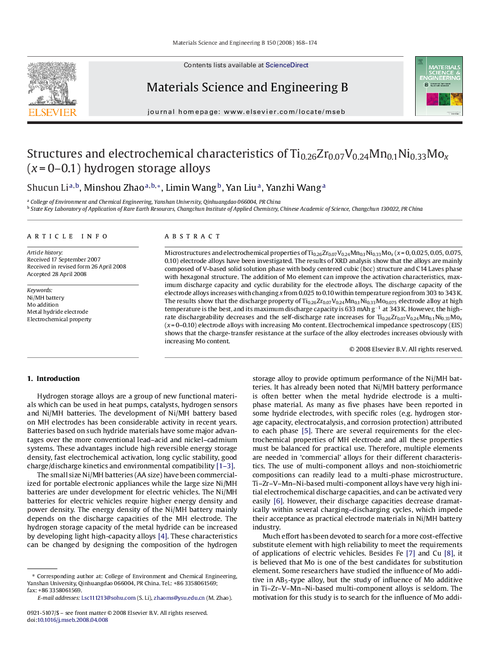 عکس صفحه اول مقاله: Structures and electrochemical characteristics of Ti0.26Zr0.07V0.24Mn0.1Ni0.33Mox (x = 0-0.1) hydrogen storage alloys Structures and electrochemical characteristics of Ti0.26Zr0.07V0.24Mn0.1Ni0.33Mox (x = 0-0.1) hydrogen storage alloys