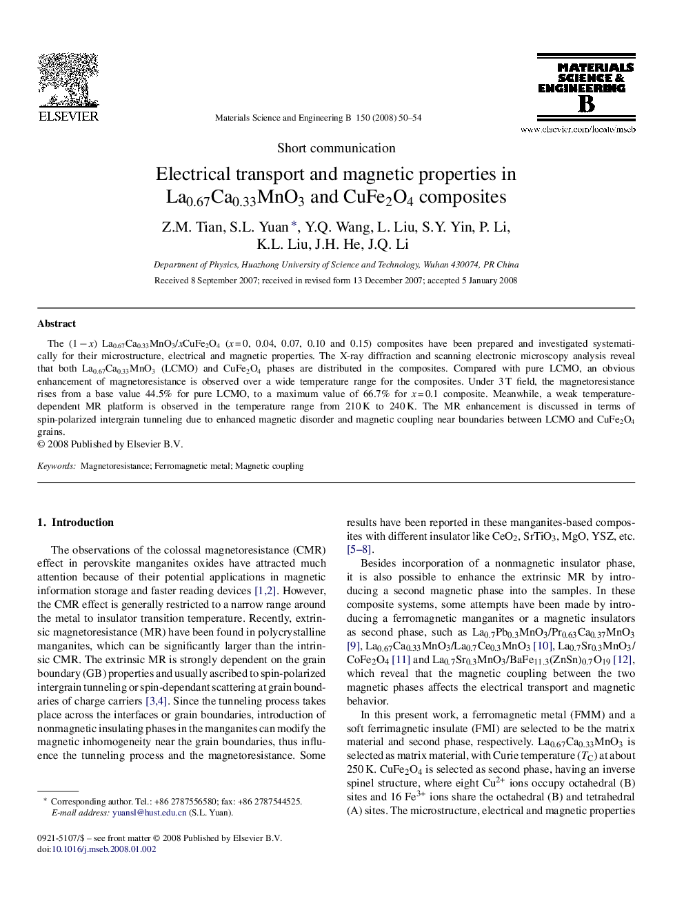 Electrical transport and magnetic properties in La0.67Ca0.33MnO3 and CuFe2O4 composites