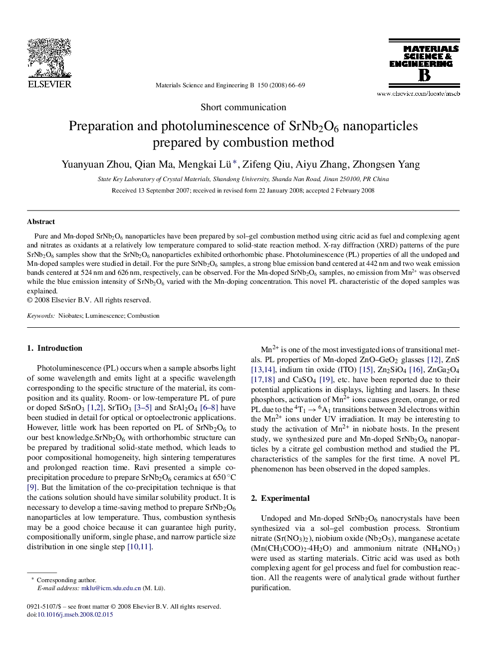 Preparation and photoluminescence of SrNb2O6 nanoparticles prepared by combustion method