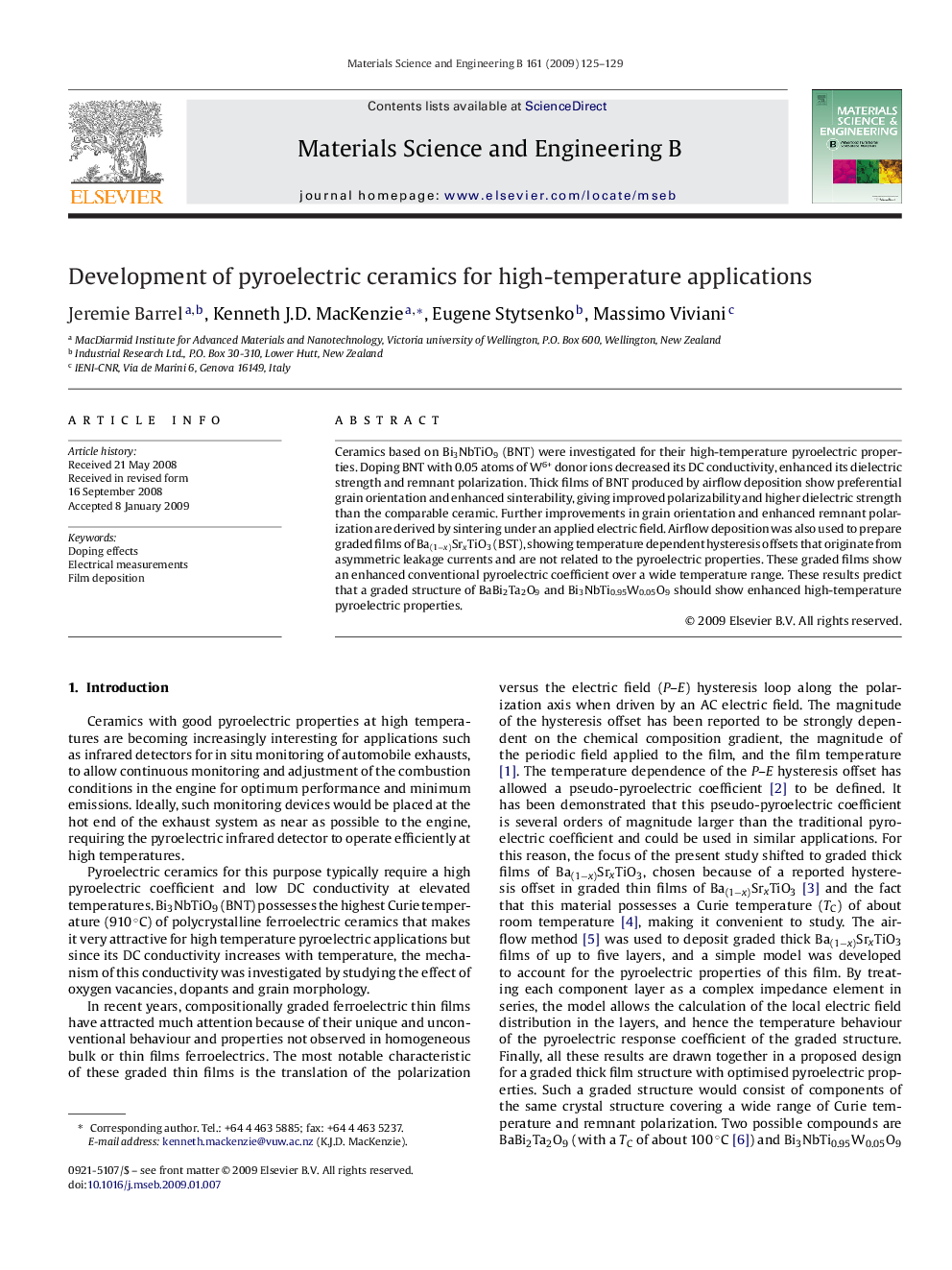 Development of pyroelectric ceramics for high-temperature applications