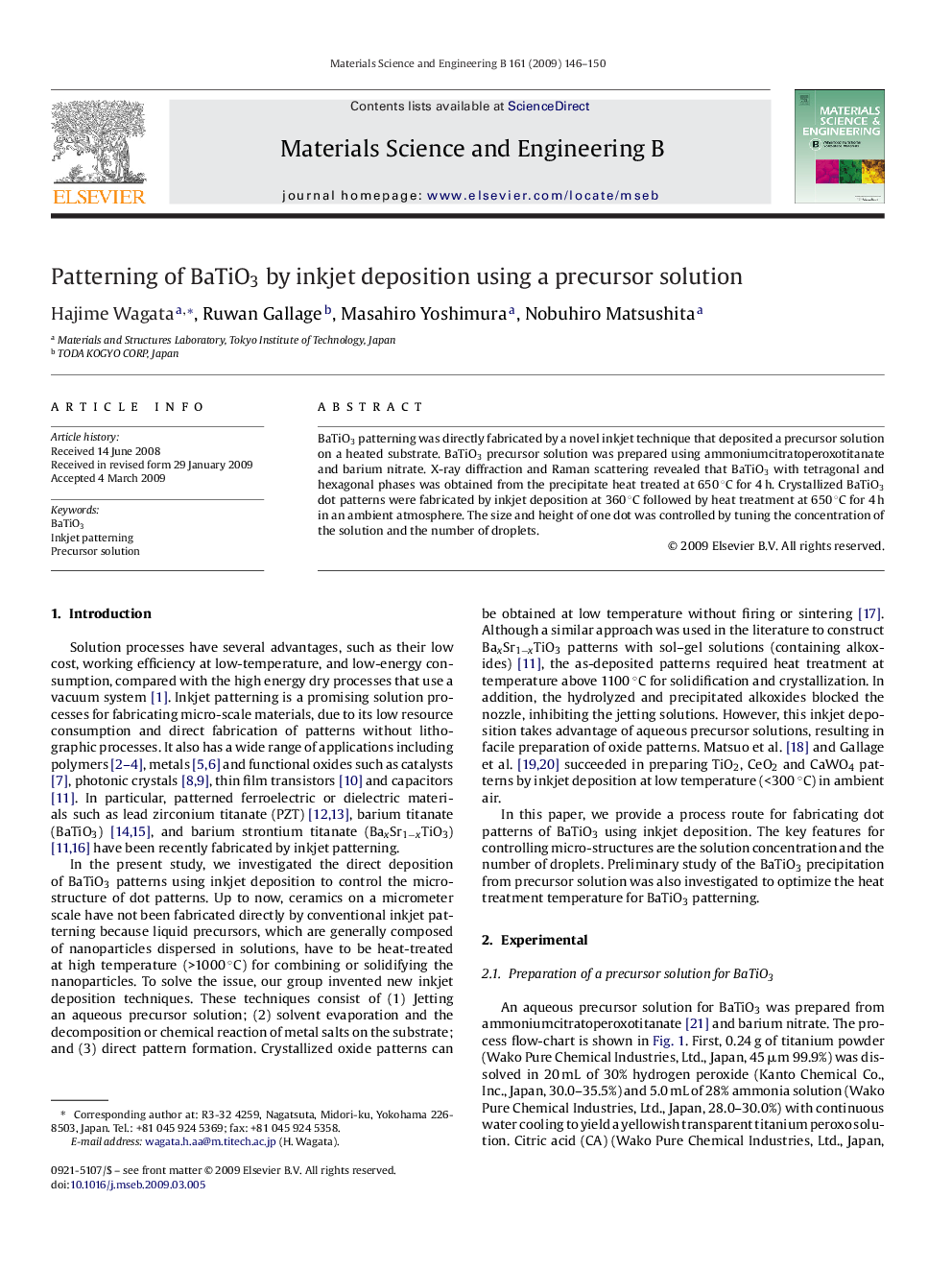 Patterning of BaTiO3 by inkjet deposition using a precursor solution