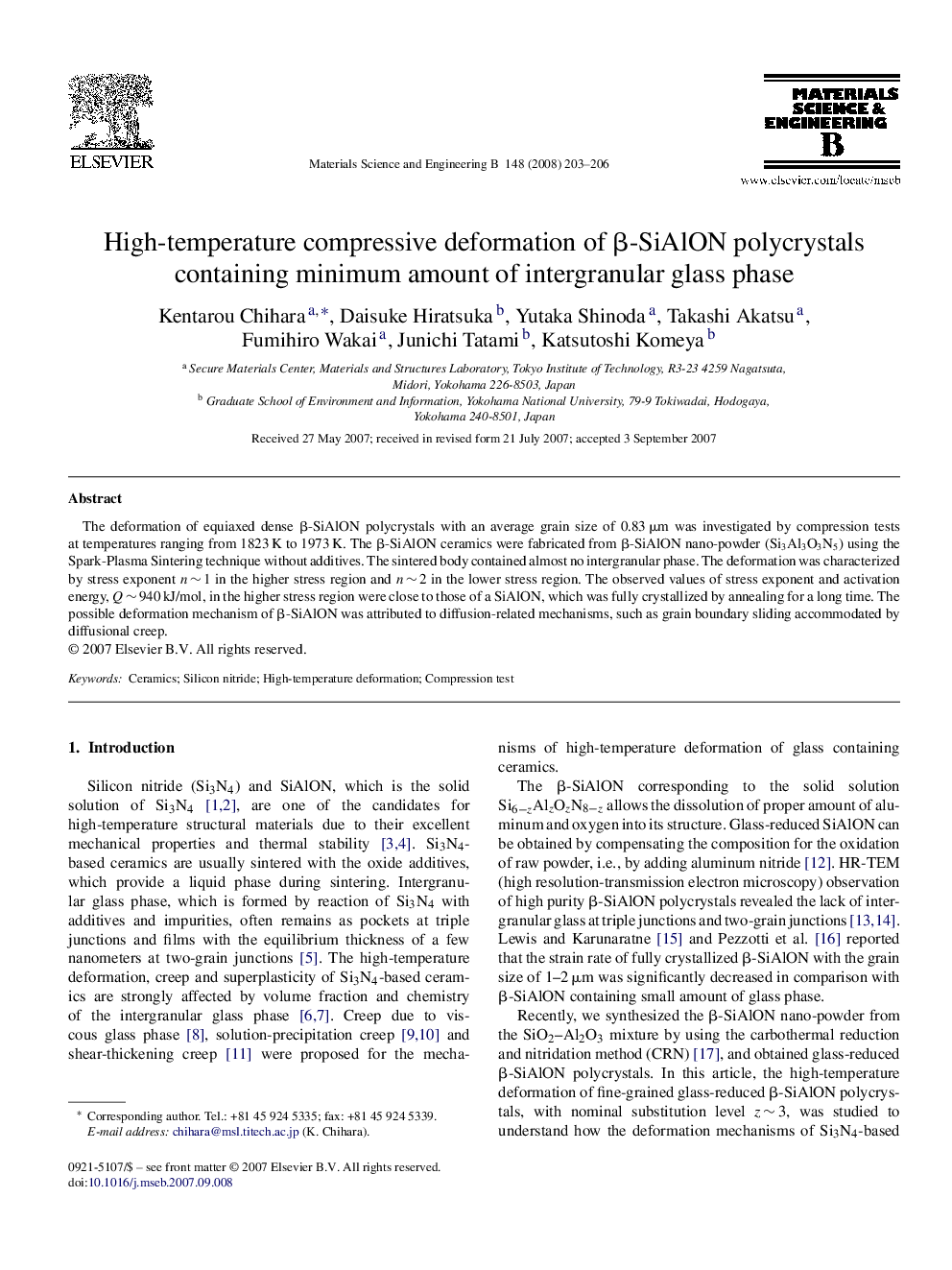 High-temperature compressive deformation of Î²-SiAlON polycrystals containing minimum amount of intergranular glass phase