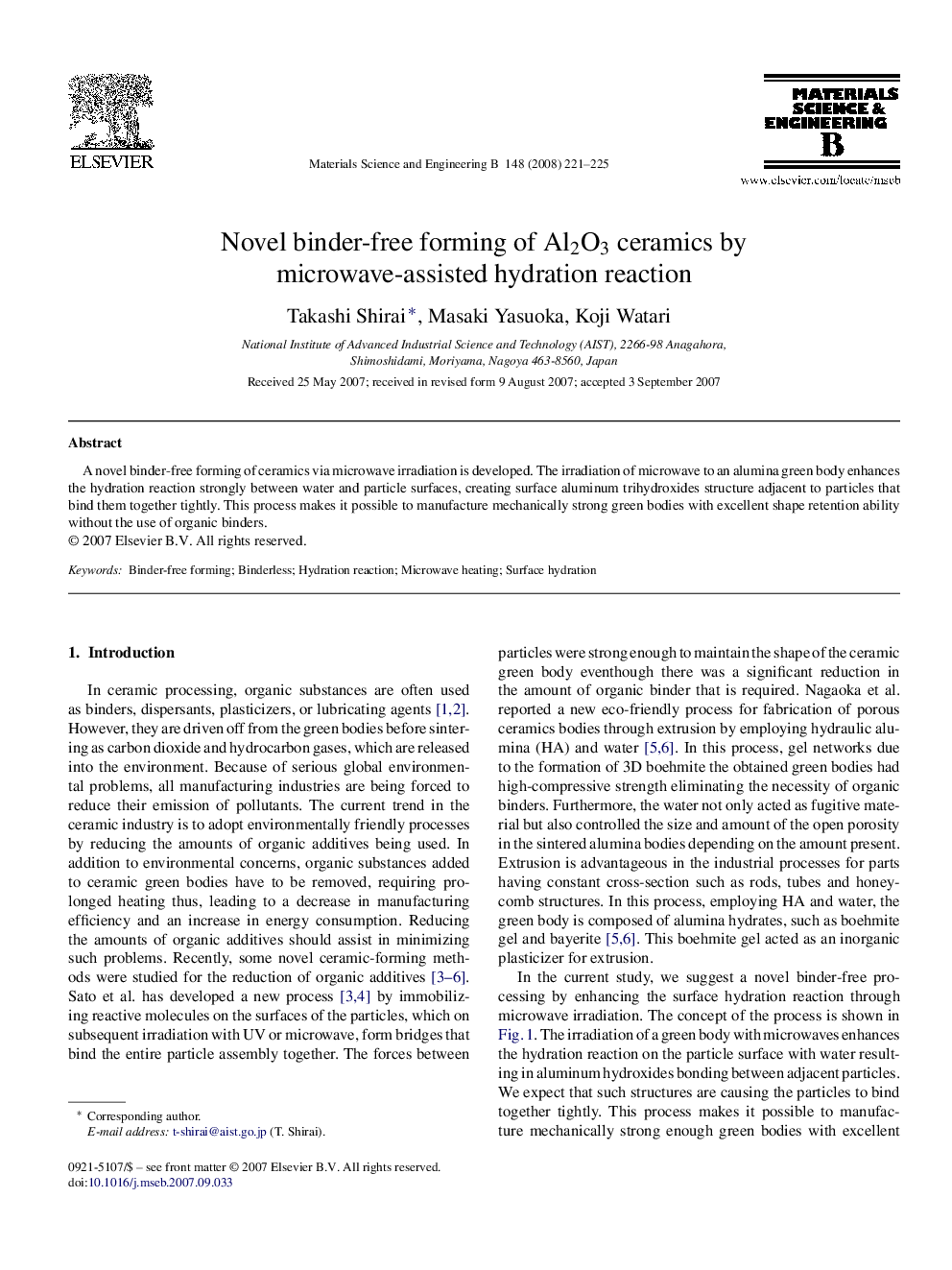 Novel binder-free forming of Al2O3 ceramics by microwave-assisted hydration reaction