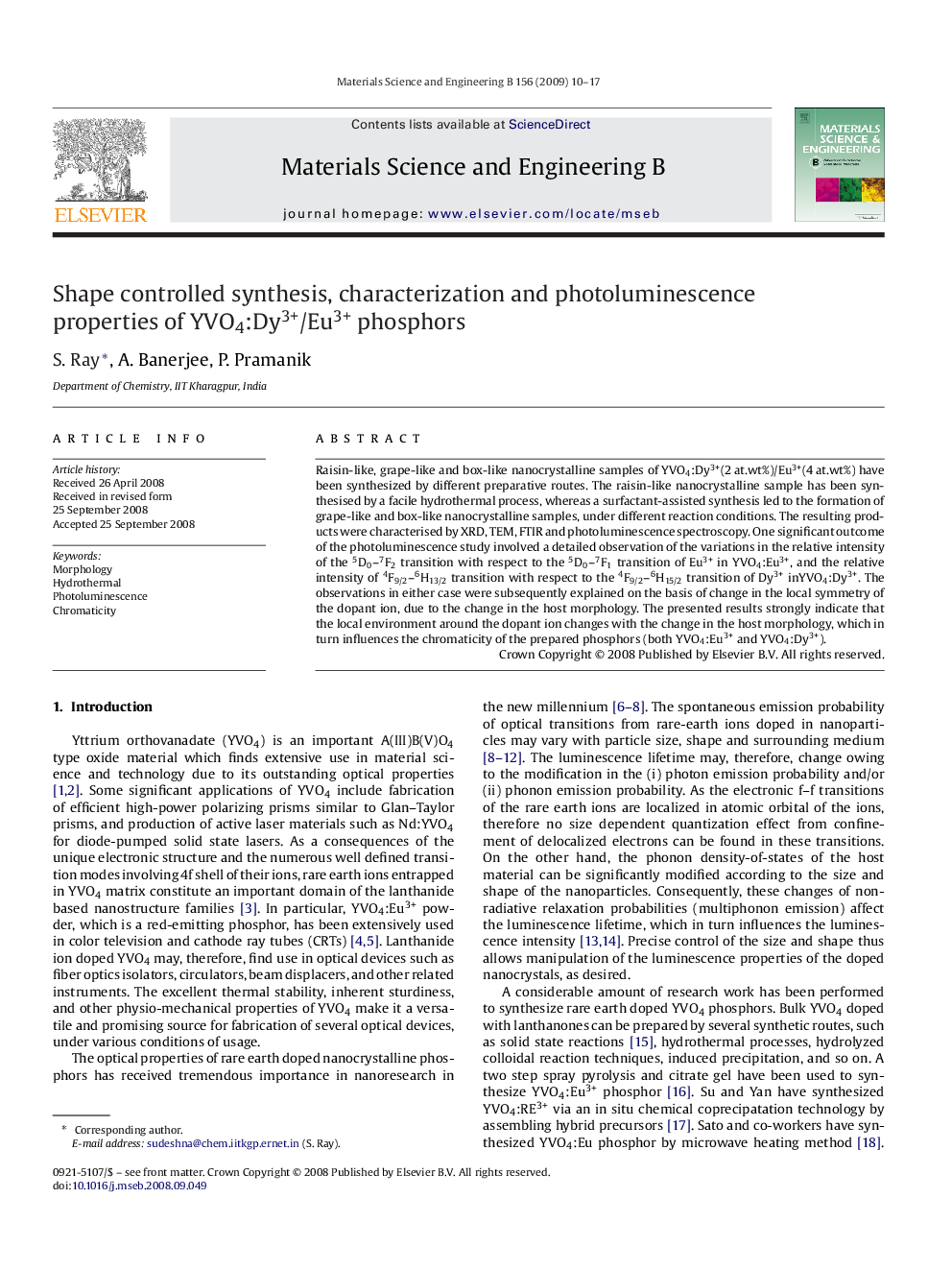 Shape controlled synthesis, characterization and photoluminescence properties of YVO4:Dy3+/Eu3+ phosphors