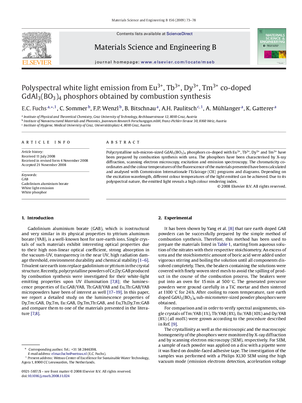 Polyspectral white light emission from Eu3+, Tb3+, Dy3+, Tm3+ co-doped GdAl3(BO3)4 phosphors obtained by combustion synthesis