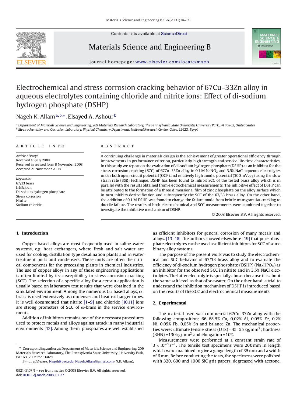 Electrochemical and stress corrosion cracking behavior of 67Cu–33Zn alloy in aqueous electrolytes containing chloride and nitrite ions: Effect of di-sodium hydrogen phosphate (DSHP)