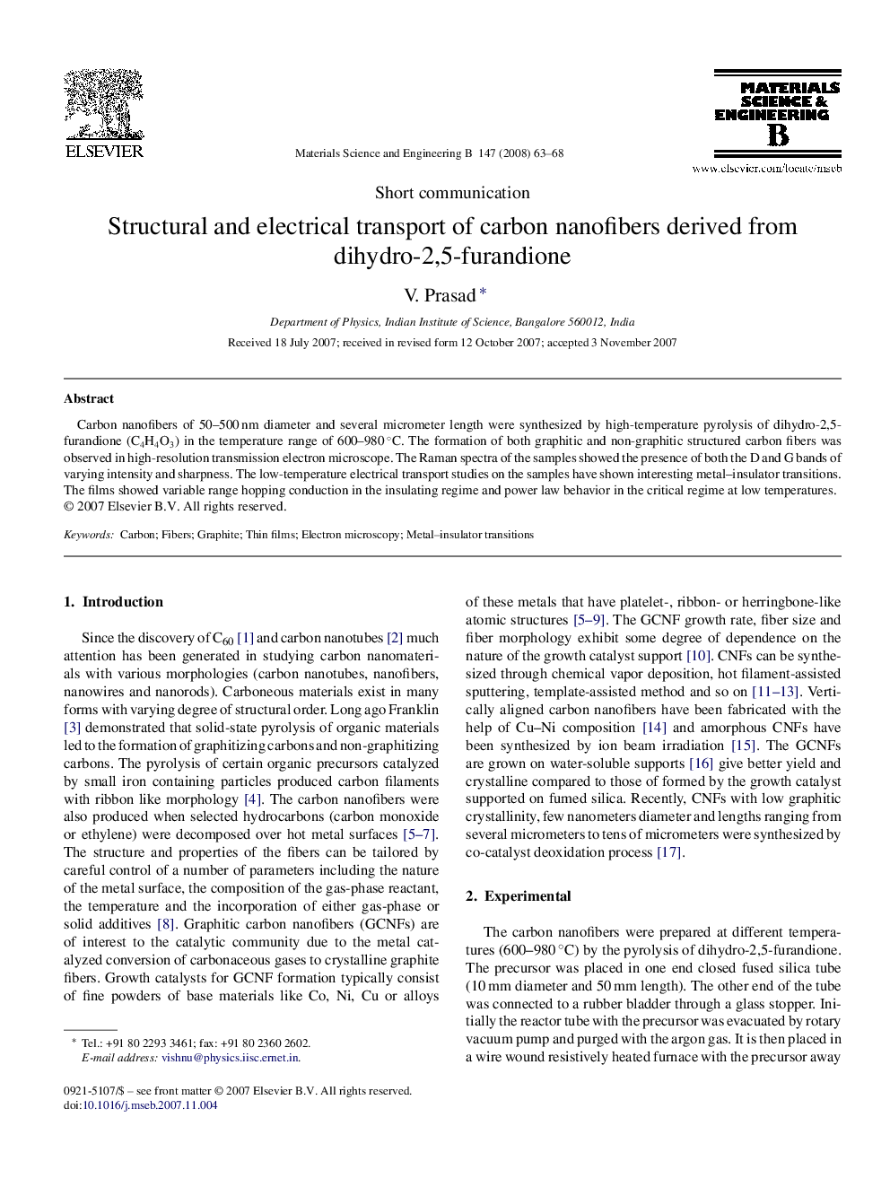 Structural and electrical transport of carbon nanofibers derived from dihydro-2,5-furandione