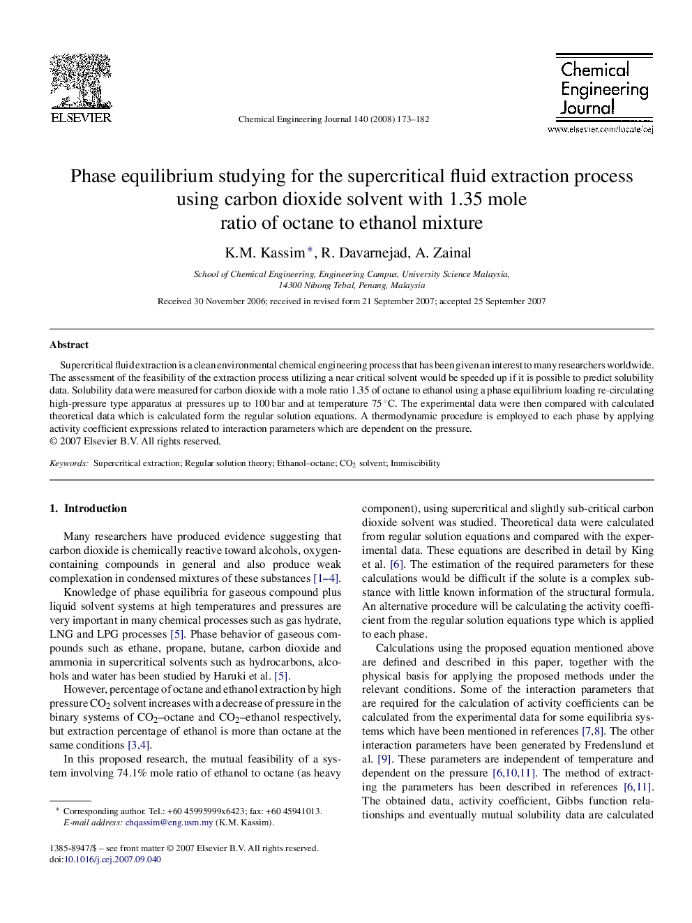 Phase equilibrium studying for the supercritical fluid extraction process using carbon dioxide solvent with 1.35 mole ratio of octane to ethanol mixture