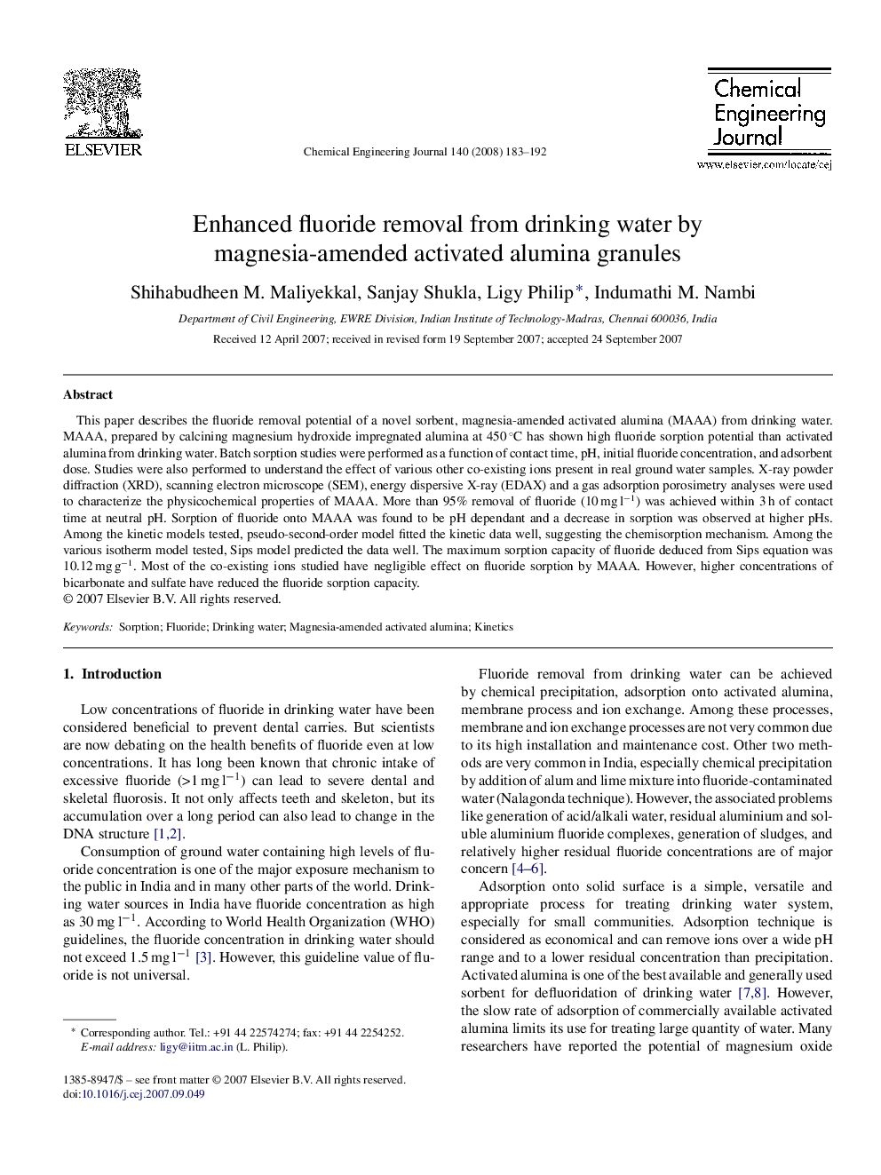 Enhanced fluoride removal from drinking water by magnesia-amended activated alumina granules