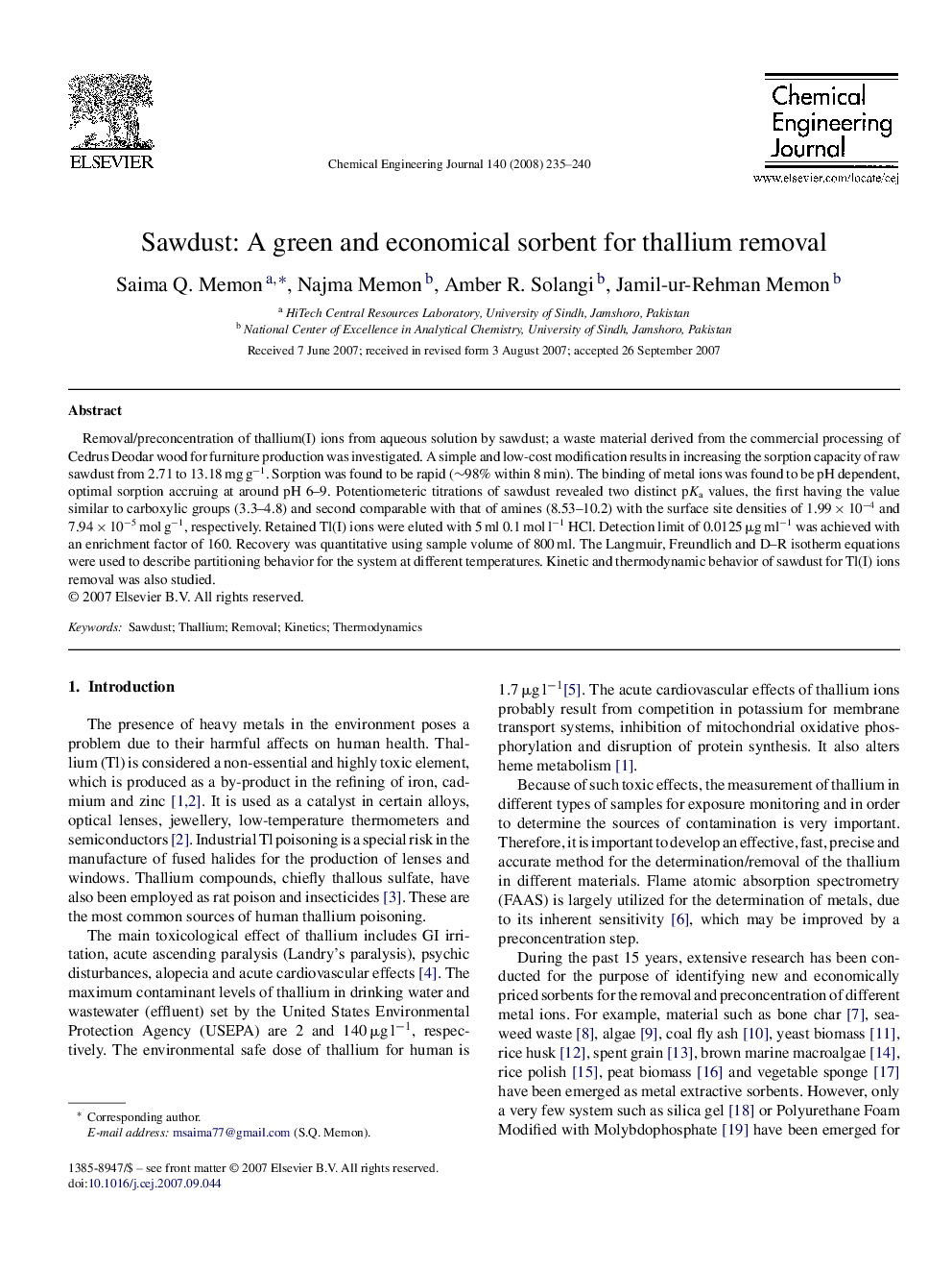 Sawdust: A green and economical sorbent for thallium removal