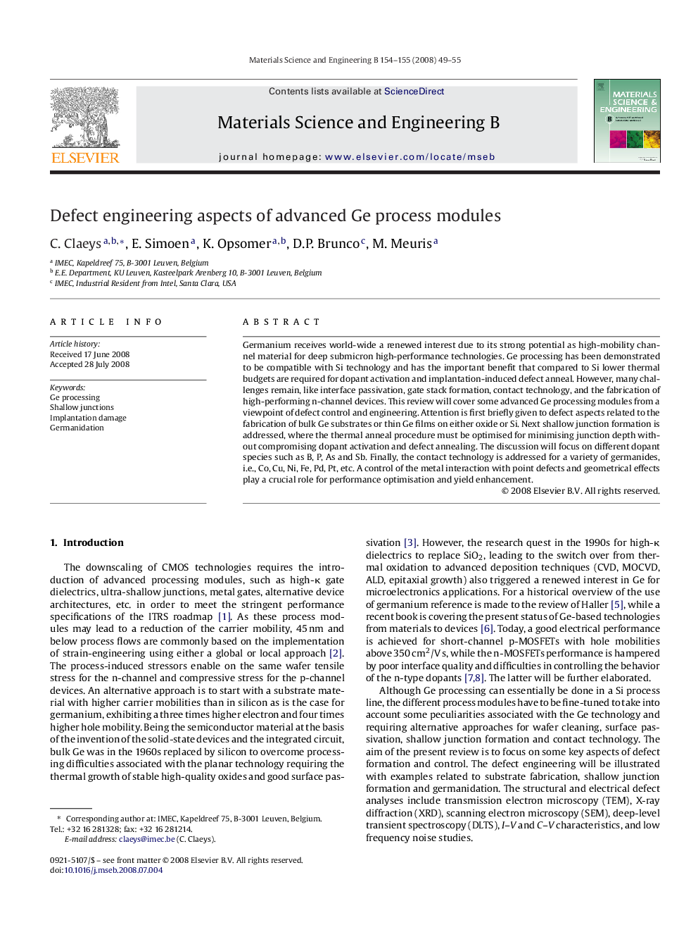 Defect engineering aspects of advanced Ge process modules