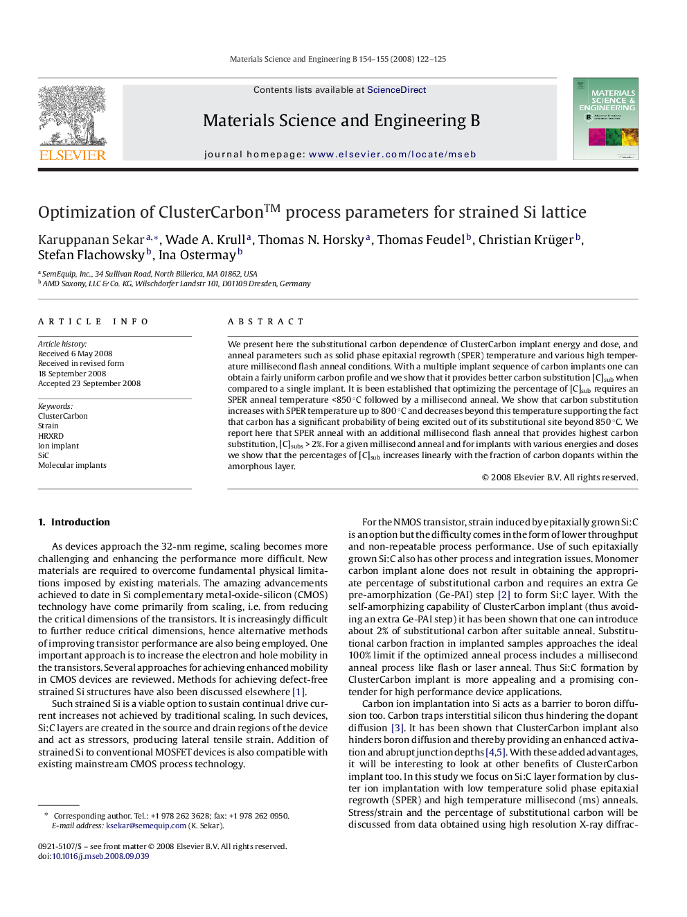 Optimization of ClusterCarbonâ¢ process parameters for strained Si lattice