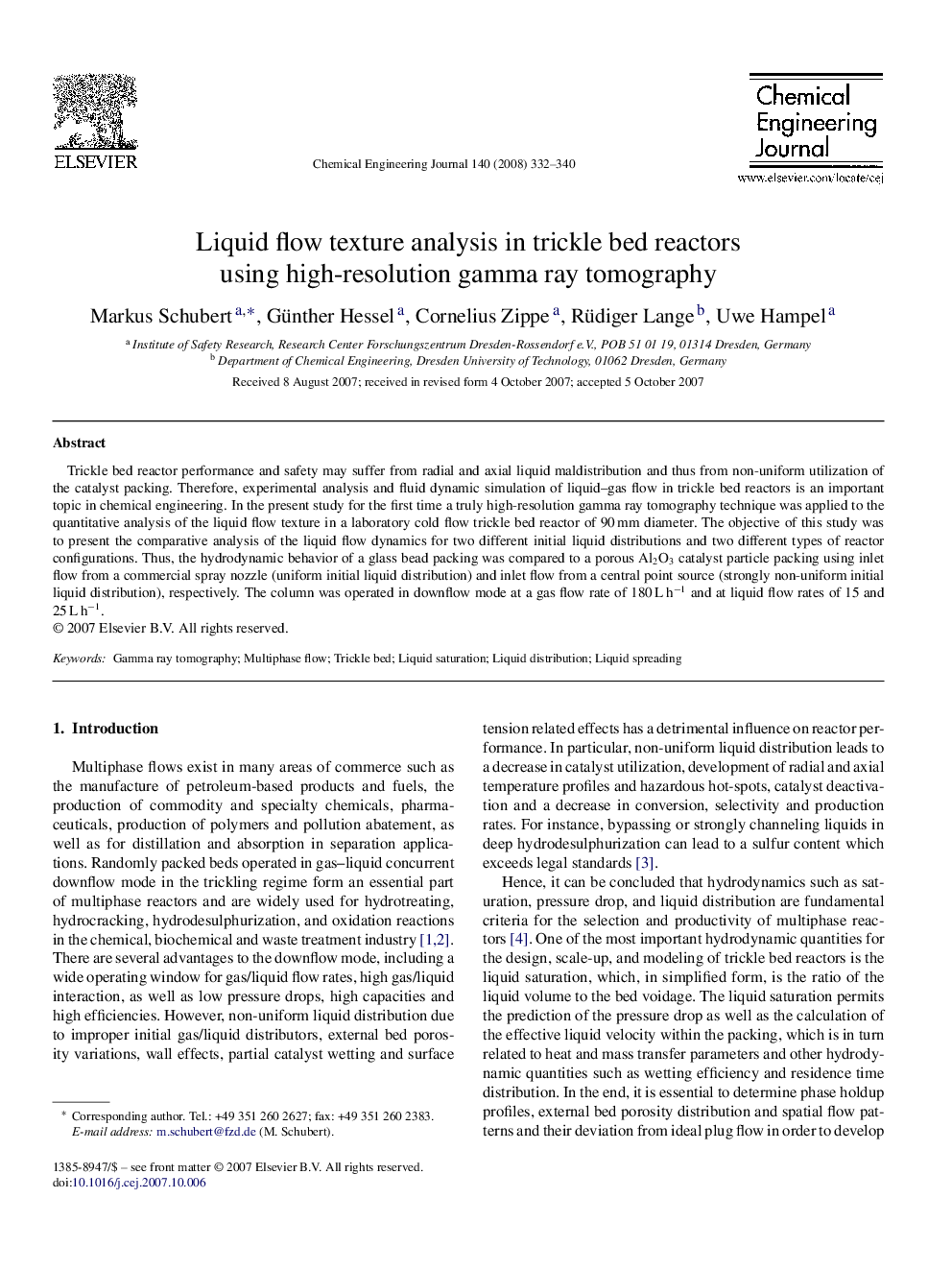 Liquid flow texture analysis in trickle bed reactors using high-resolution gamma ray tomography