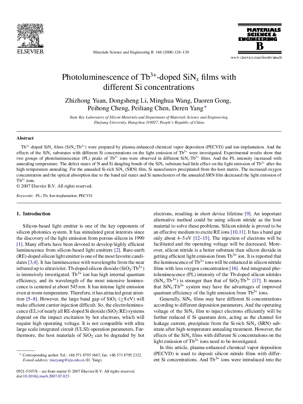 Photoluminescence of Tb3+-doped SiNx films with different Si concentrations