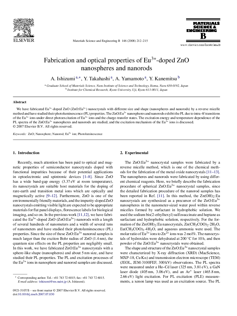 Fabrication and optical properties of Eu3+-doped ZnO nanospheres and nanorods