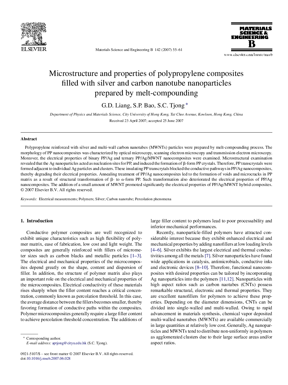 Microstructure and properties of polypropylene composites filled with silver and carbon nanotube nanoparticles prepared by melt-compounding