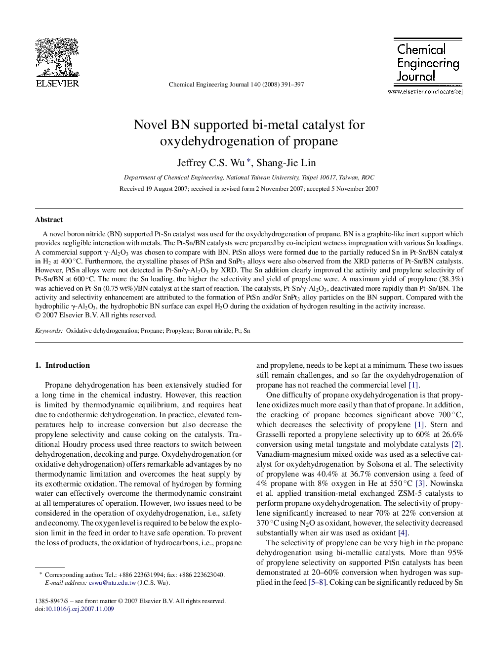 Novel BN supported bi-metal catalyst for oxydehydrogenation of propane