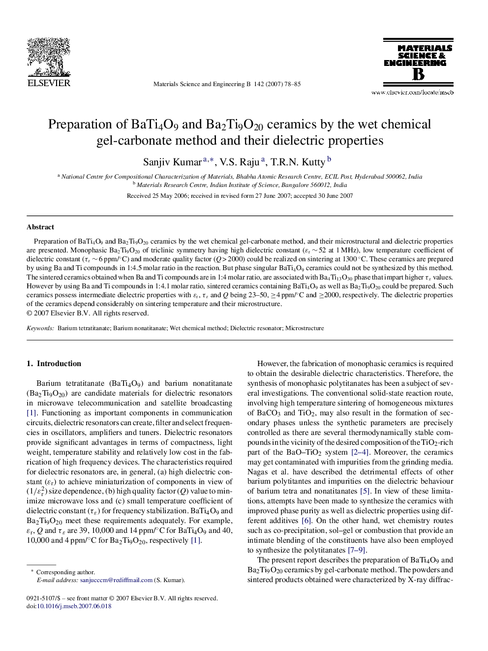 Preparation of BaTi4O9 and Ba2Ti9O20 ceramics by the wet chemical gel-carbonate method and their dielectric properties