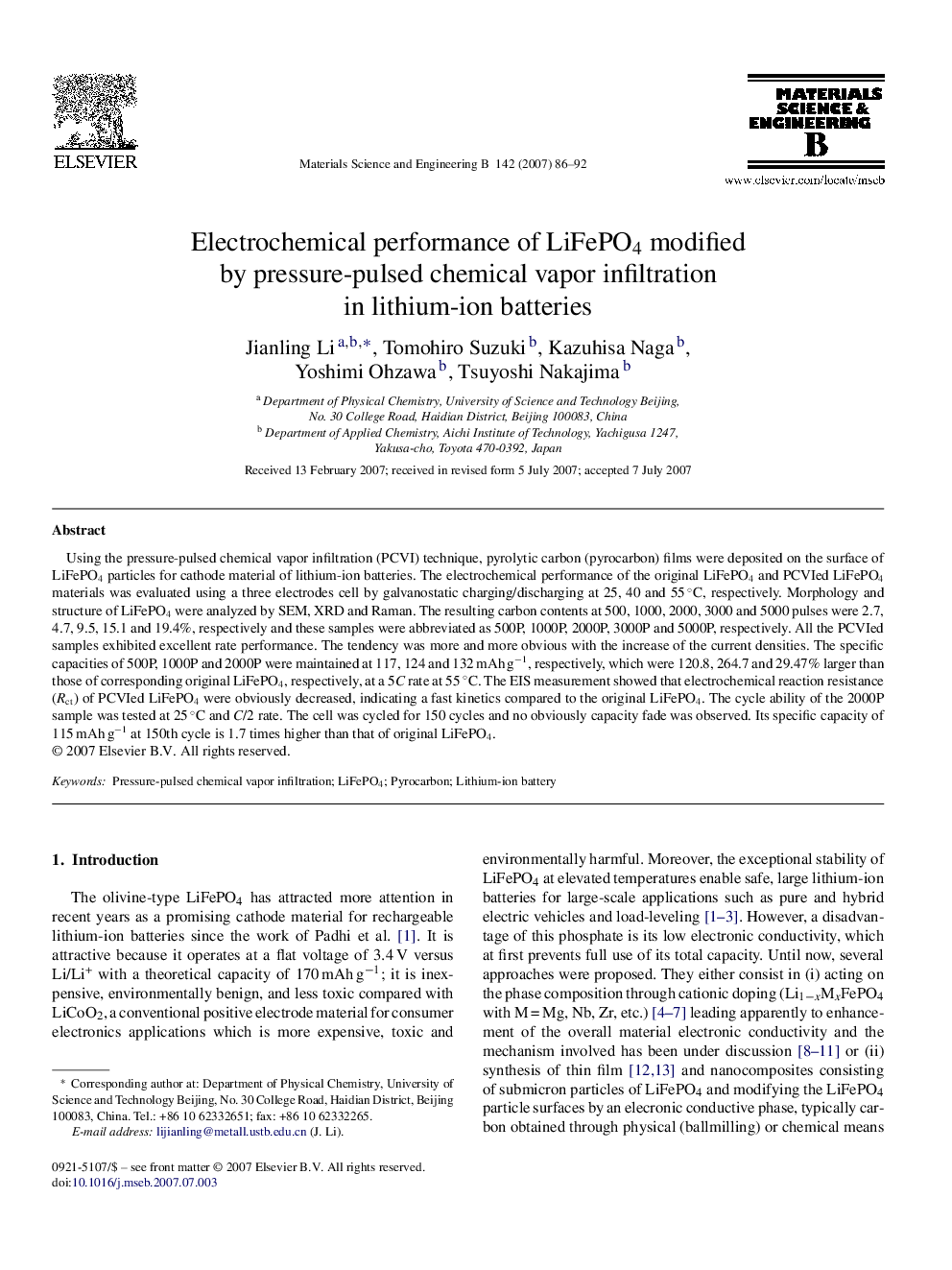 Electrochemical performance of LiFePO4 modified by pressure-pulsed chemical vapor infiltration in lithium-ion batteries