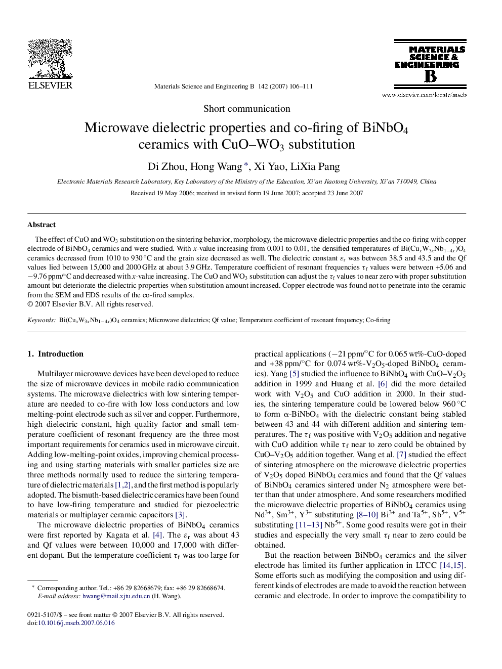 Microwave dielectric properties and co-firing of BiNbO4 ceramics with CuO–WO3 substitution