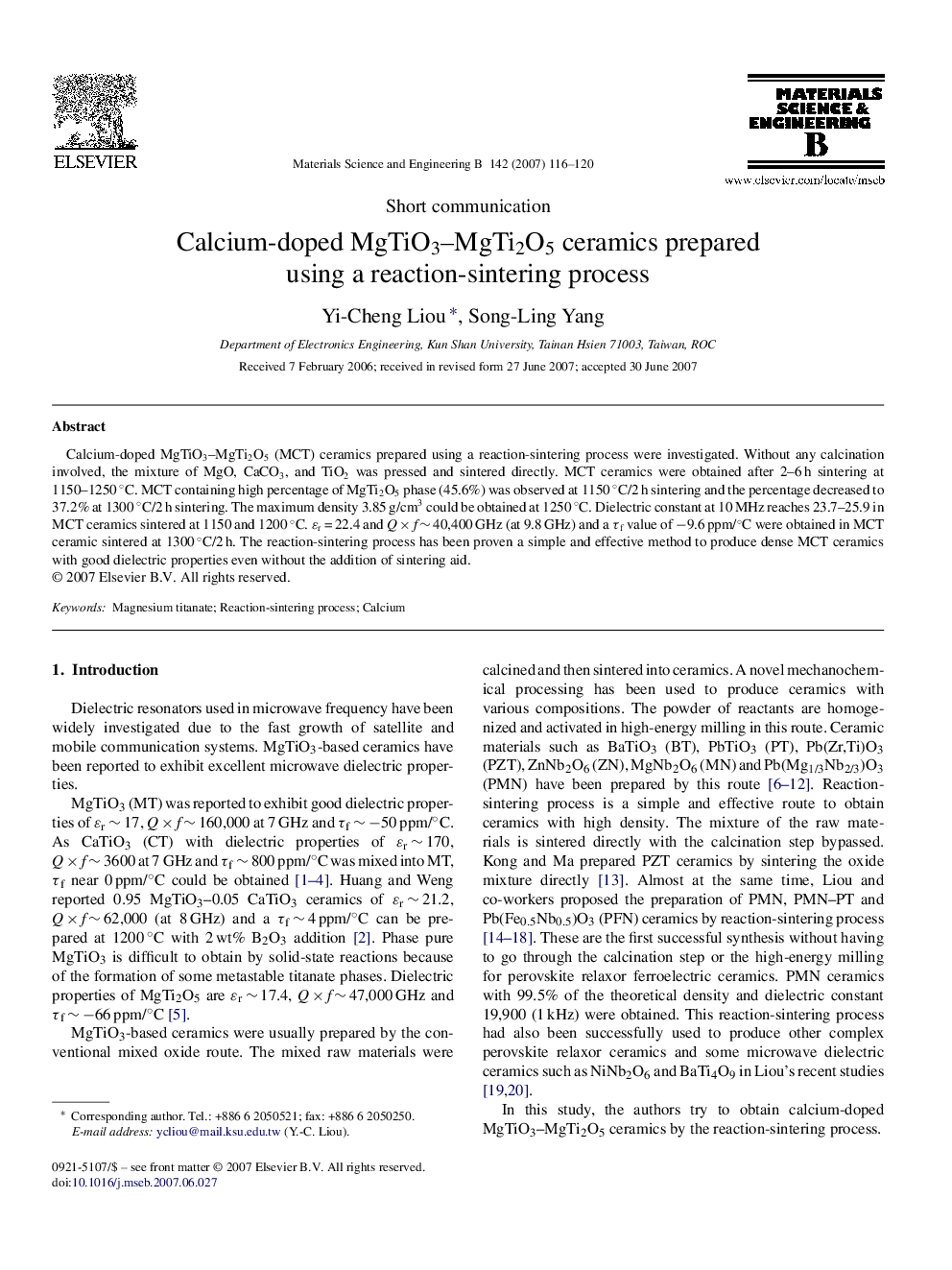 Calcium-doped MgTiO3–MgTi2O5 ceramics prepared using a reaction-sintering process