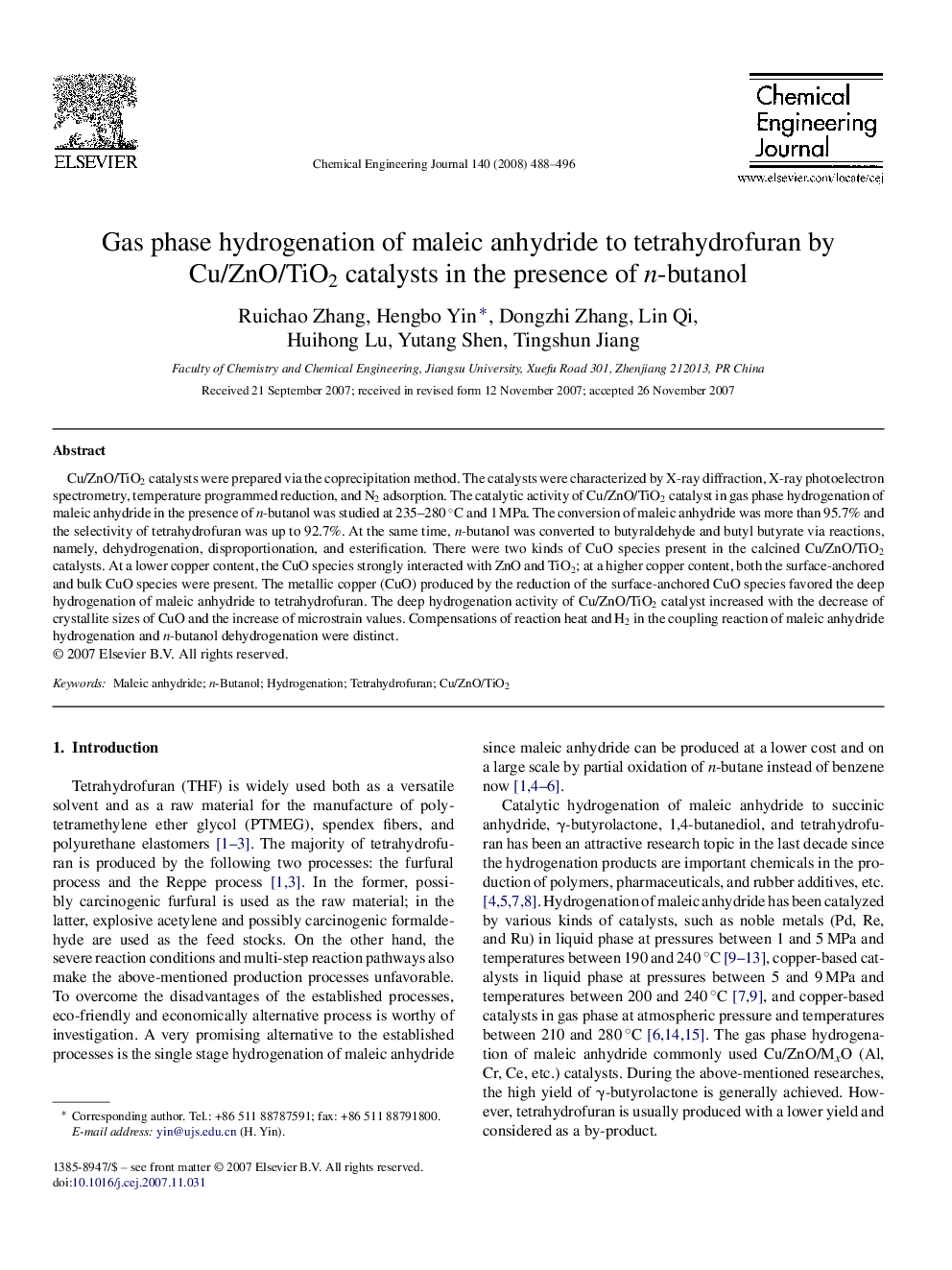 Gas phase hydrogenation of maleic anhydride to tetrahydrofuran by Cu/ZnO/TiO2 catalysts in the presence of n-butanol