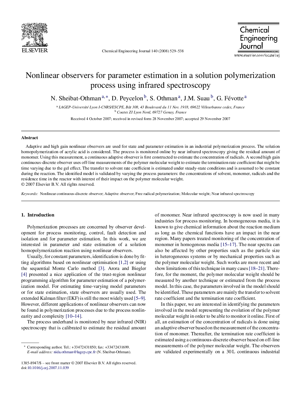 Nonlinear observers for parameter estimation in a solution polymerization process using infrared spectroscopy