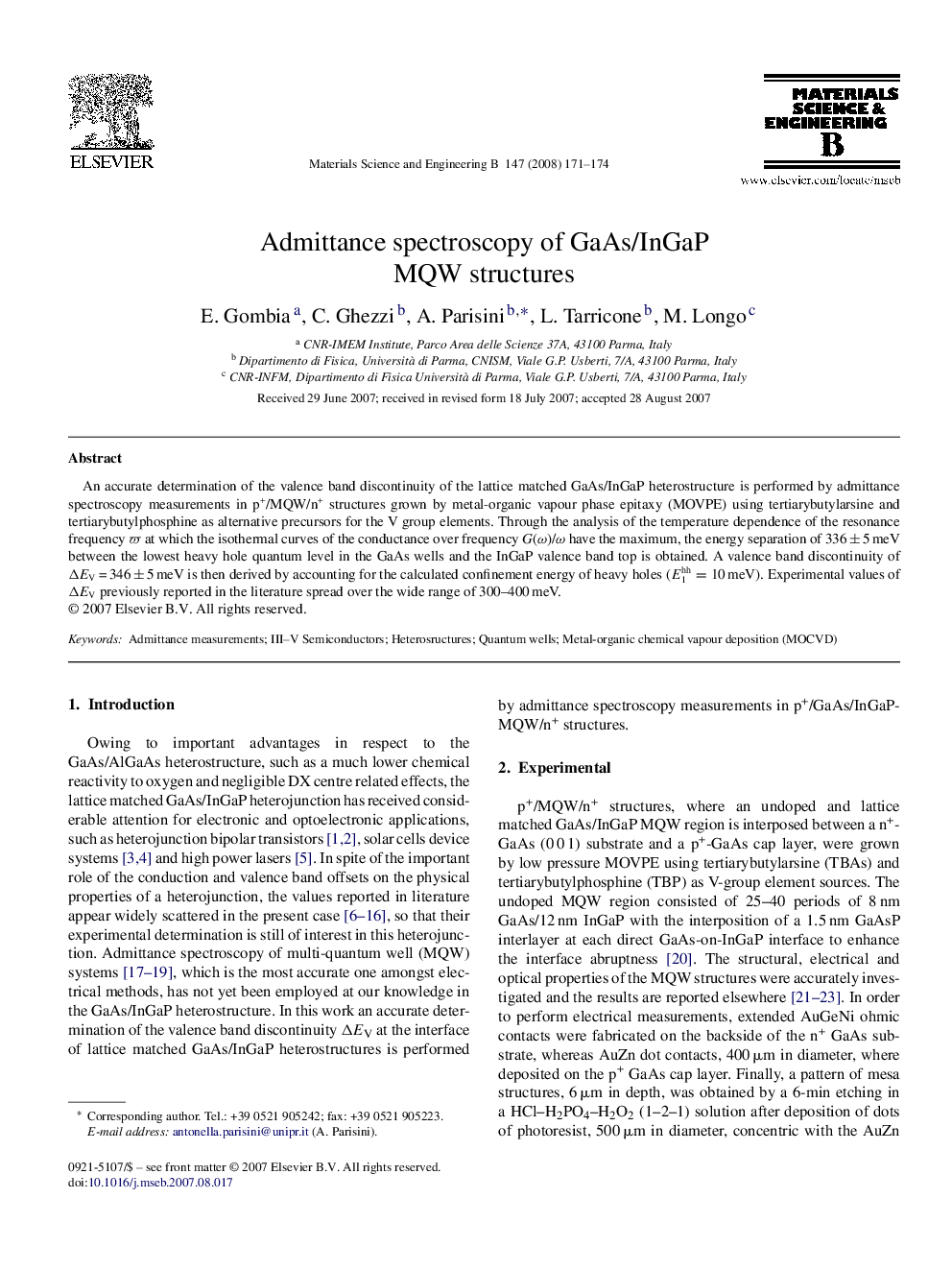 Admittance spectroscopy of GaAs/InGaP MQW structures