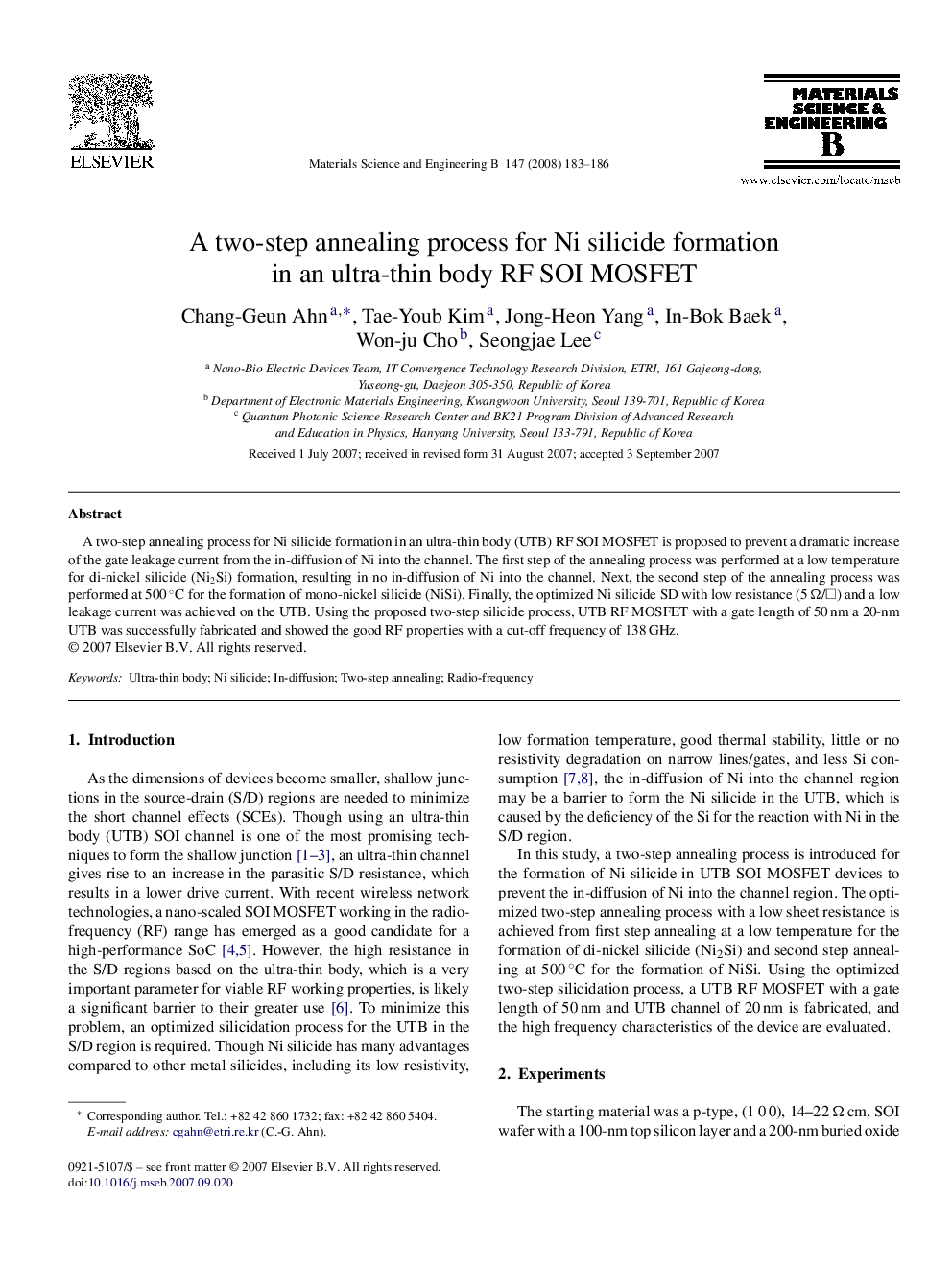 A two-step annealing process for Ni silicide formation in an ultra-thin body RF SOI MOSFET