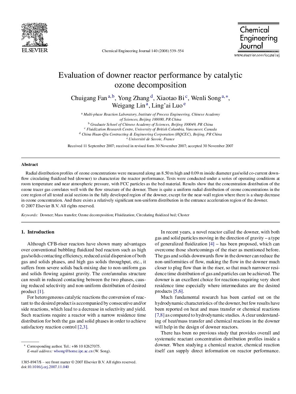 Evaluation of downer reactor performance by catalytic ozone decomposition