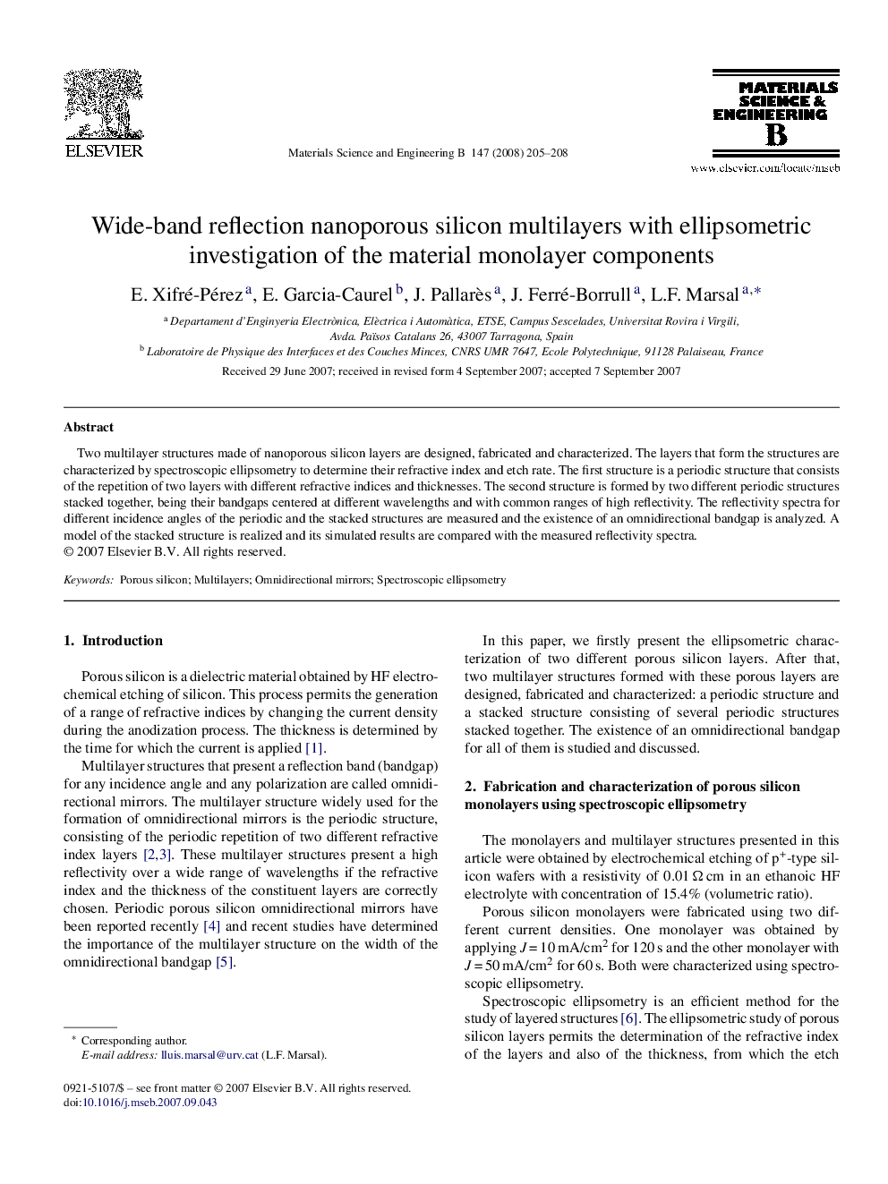 Wide-band reflection nanoporous silicon multilayers with ellipsometric investigation of the material monolayer components