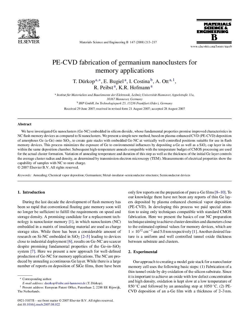 PE-CVD fabrication of germanium nanoclusters for memory applications