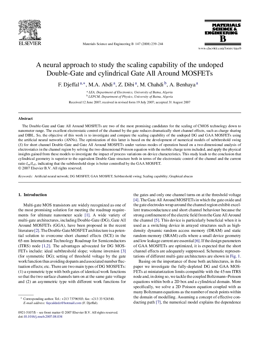 A neural approach to study the scaling capability of the undoped Double-Gate and cylindrical Gate All Around MOSFETs