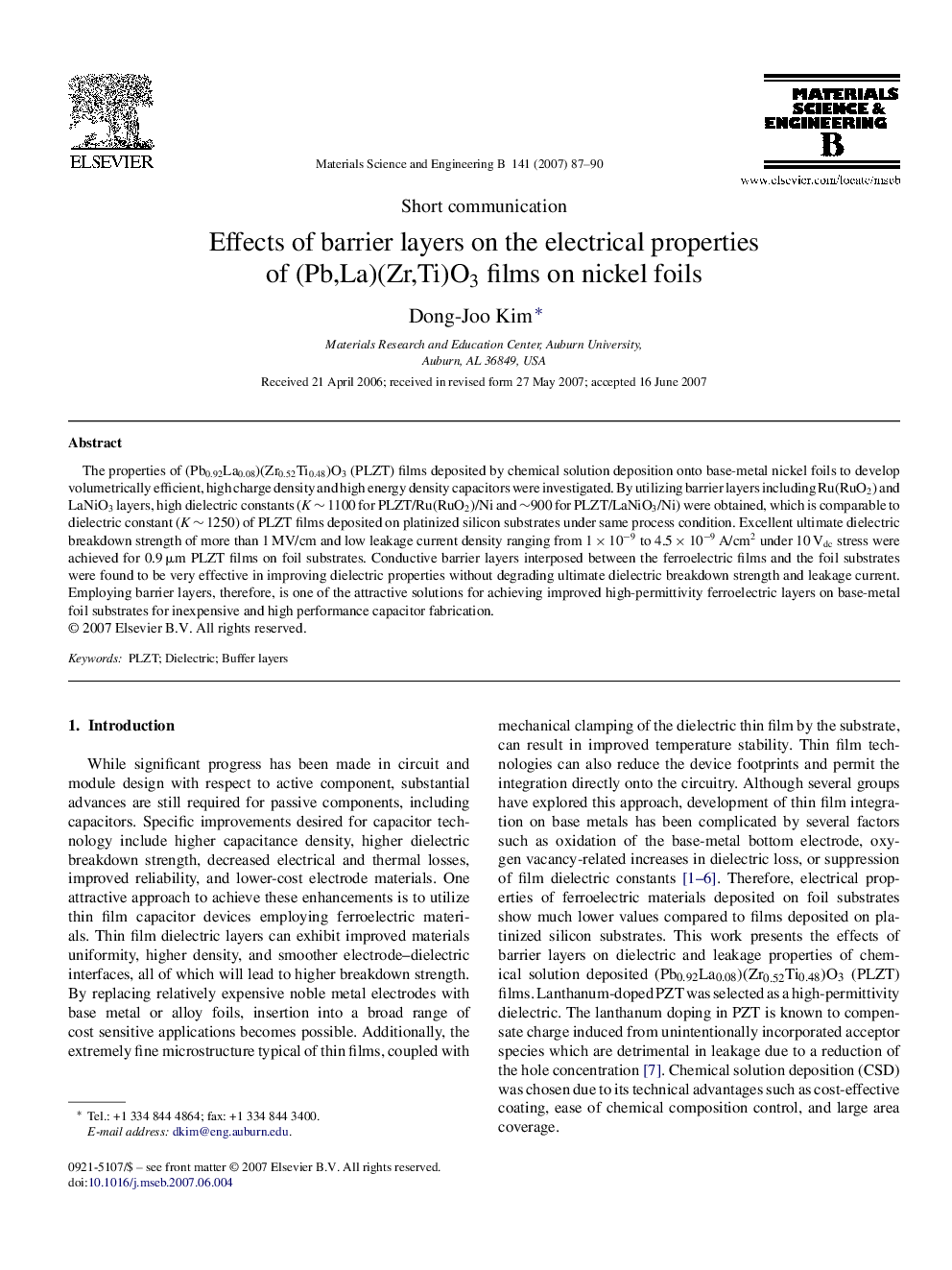 Effects of barrier layers on the electrical properties of (Pb,La)(Zr,Ti)O3 films on nickel foils