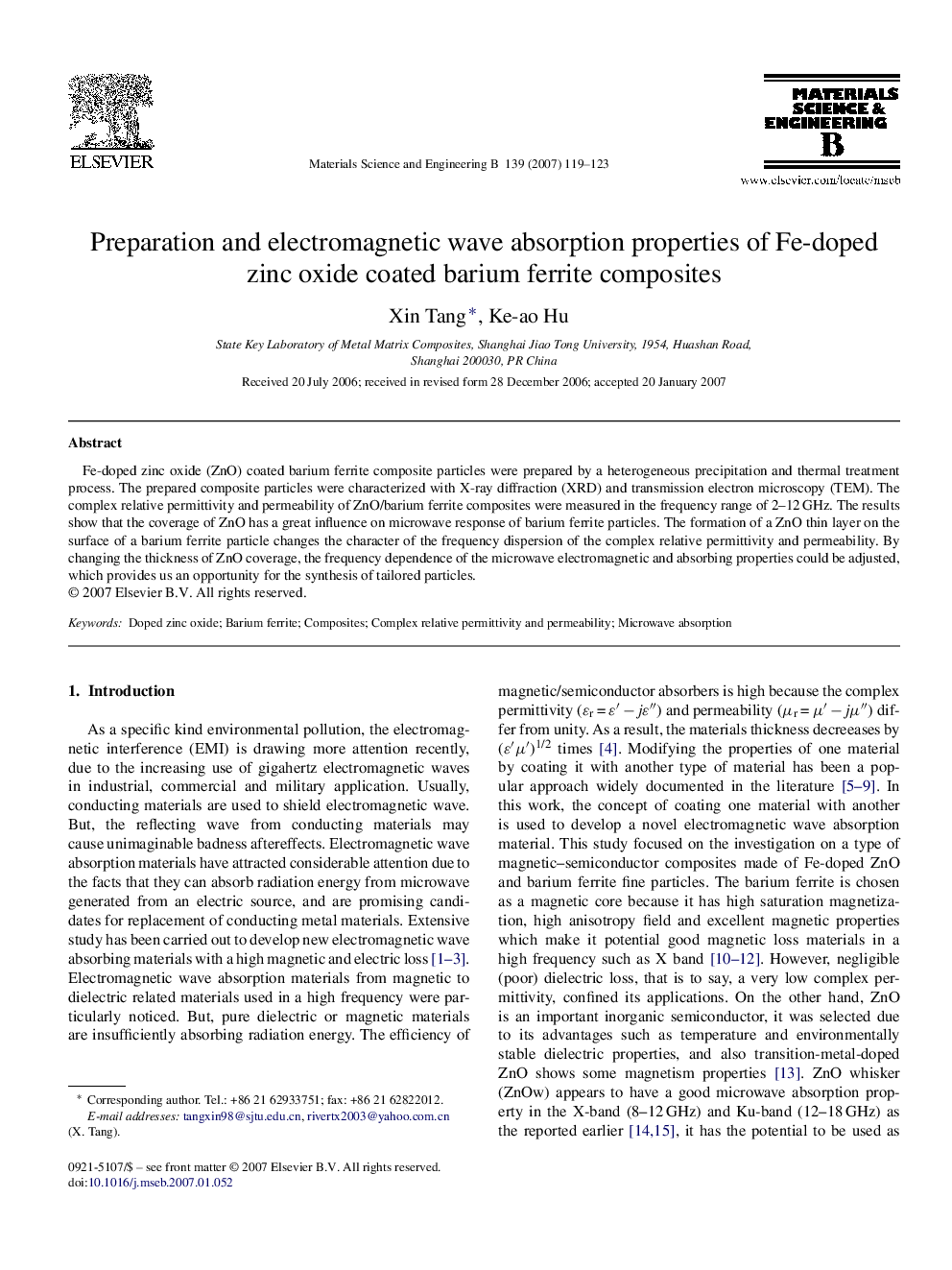 Preparation and electromagnetic wave absorption properties of Fe-doped zinc oxide coated barium ferrite composites