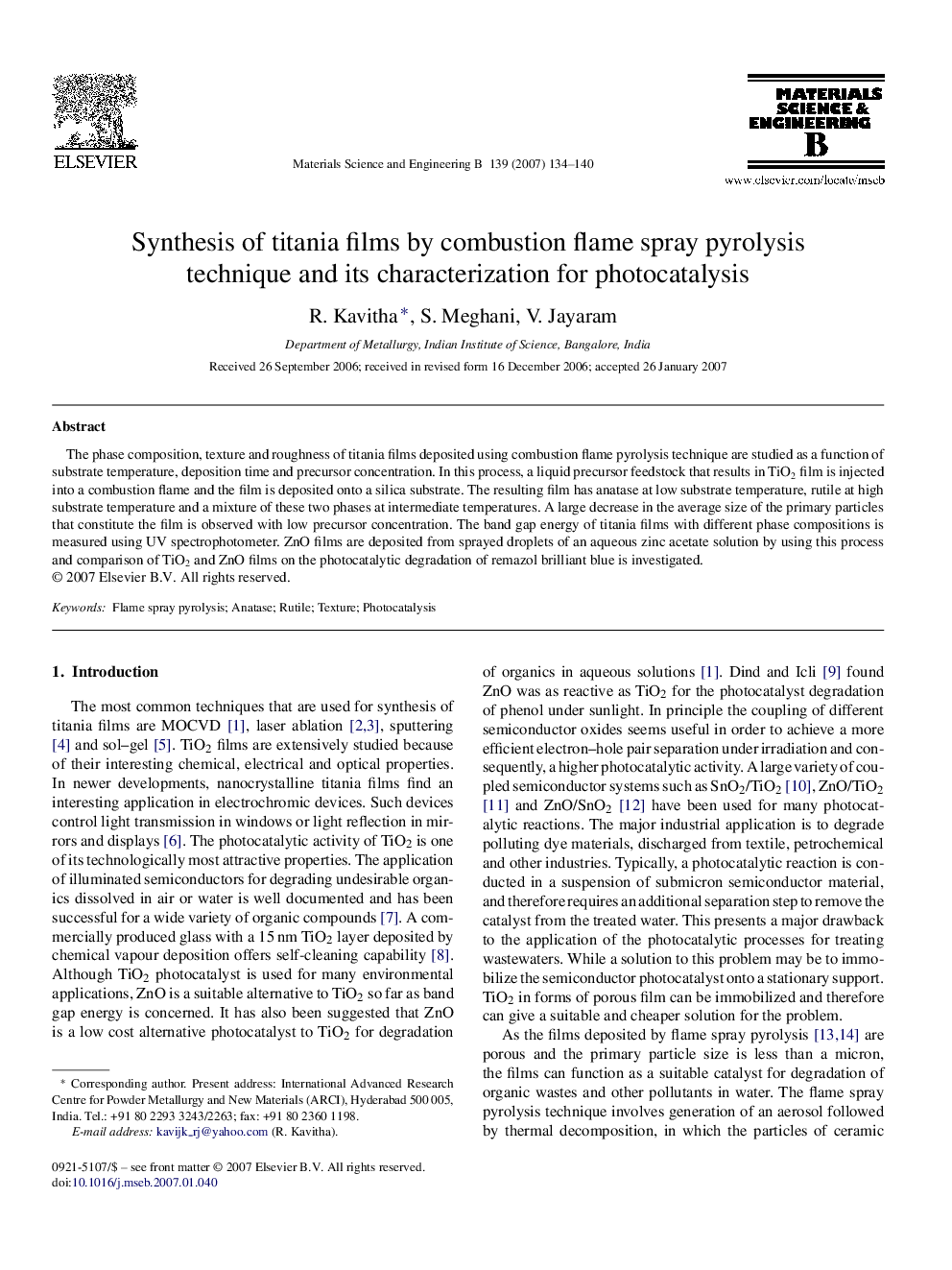 Synthesis of titania films by combustion flame spray pyrolysis technique and its characterization for photocatalysis