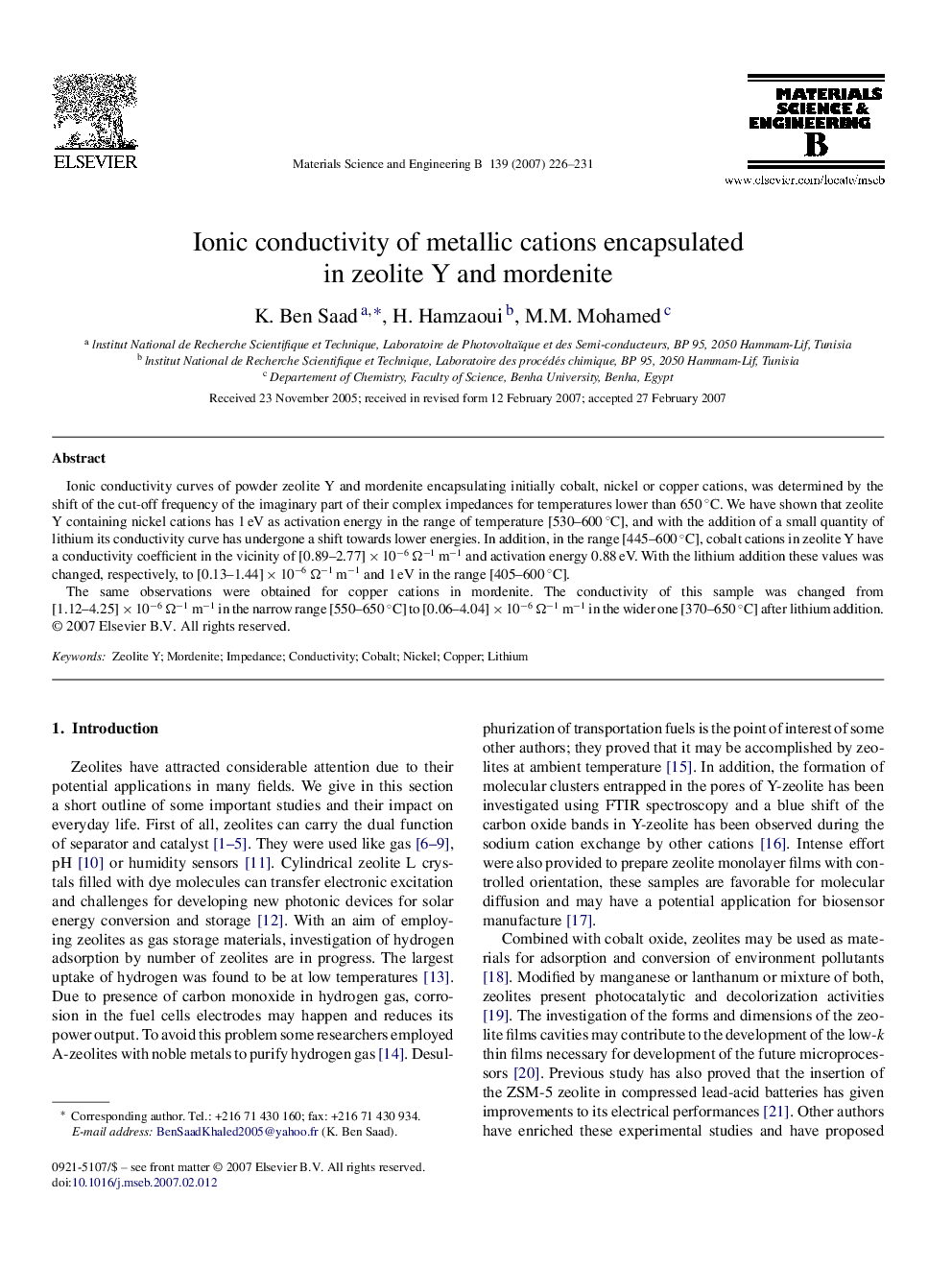 Ionic conductivity of metallic cations encapsulated in zeolite Y and mordenite