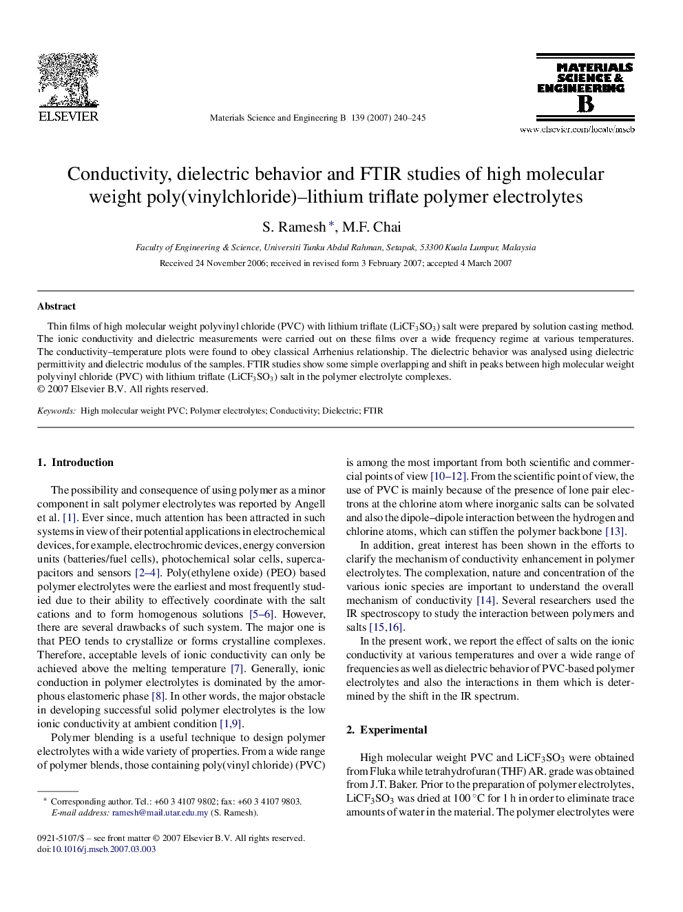 Conductivity, dielectric behavior and FTIR studies of high molecular weight poly(vinylchloride)–lithium triflate polymer electrolytes