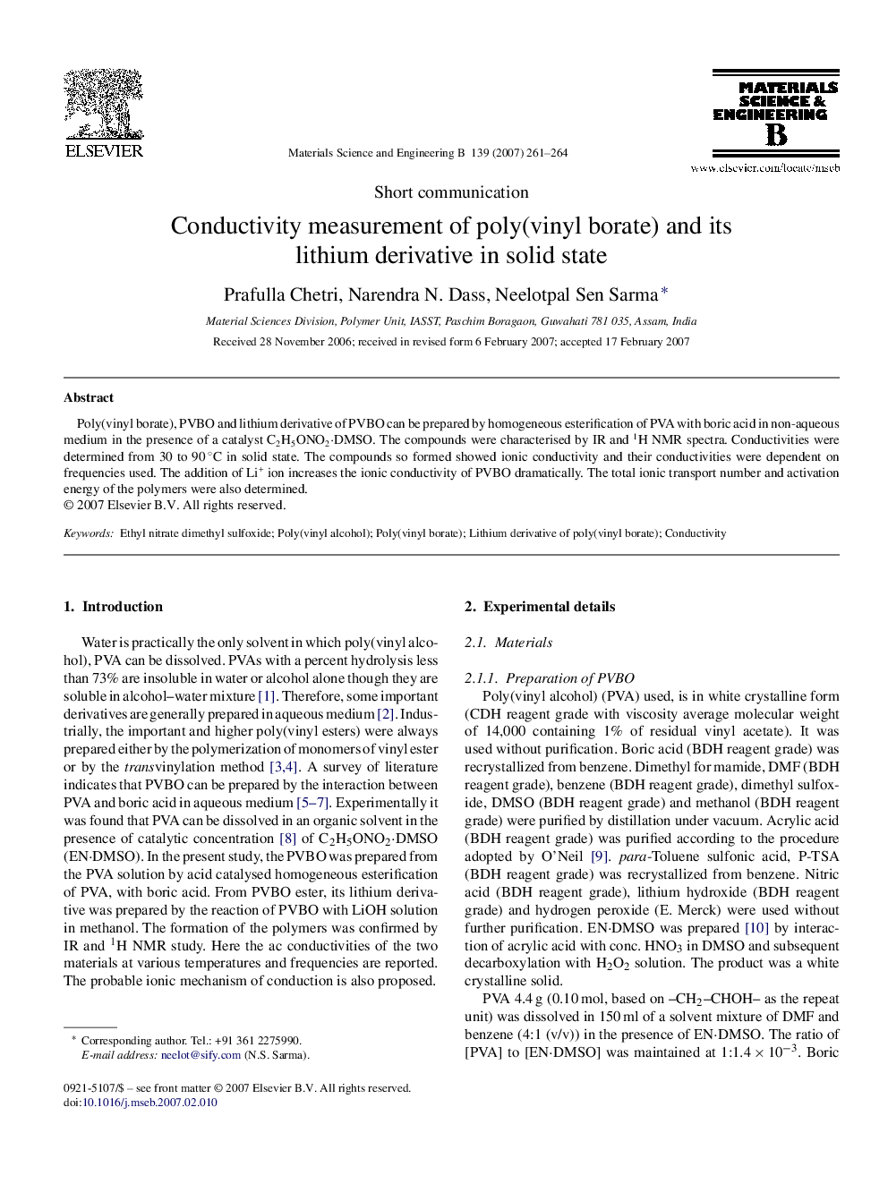 Conductivity measurement of poly(vinyl borate) and its lithium derivative in solid state