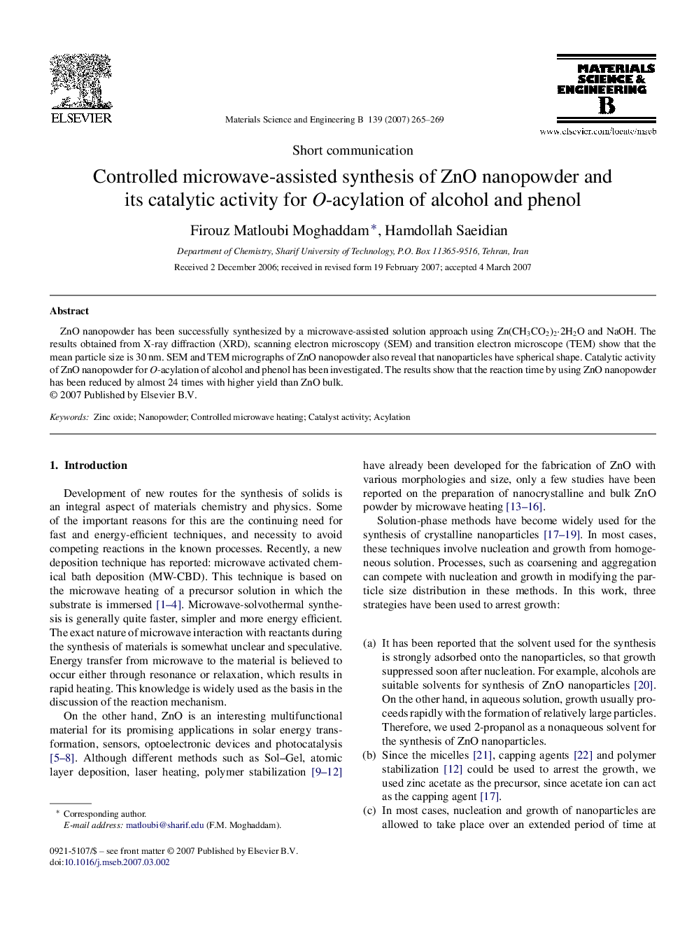 Controlled microwave-assisted synthesis of ZnO nanopowder and its catalytic activity for O-acylation of alcohol and phenol