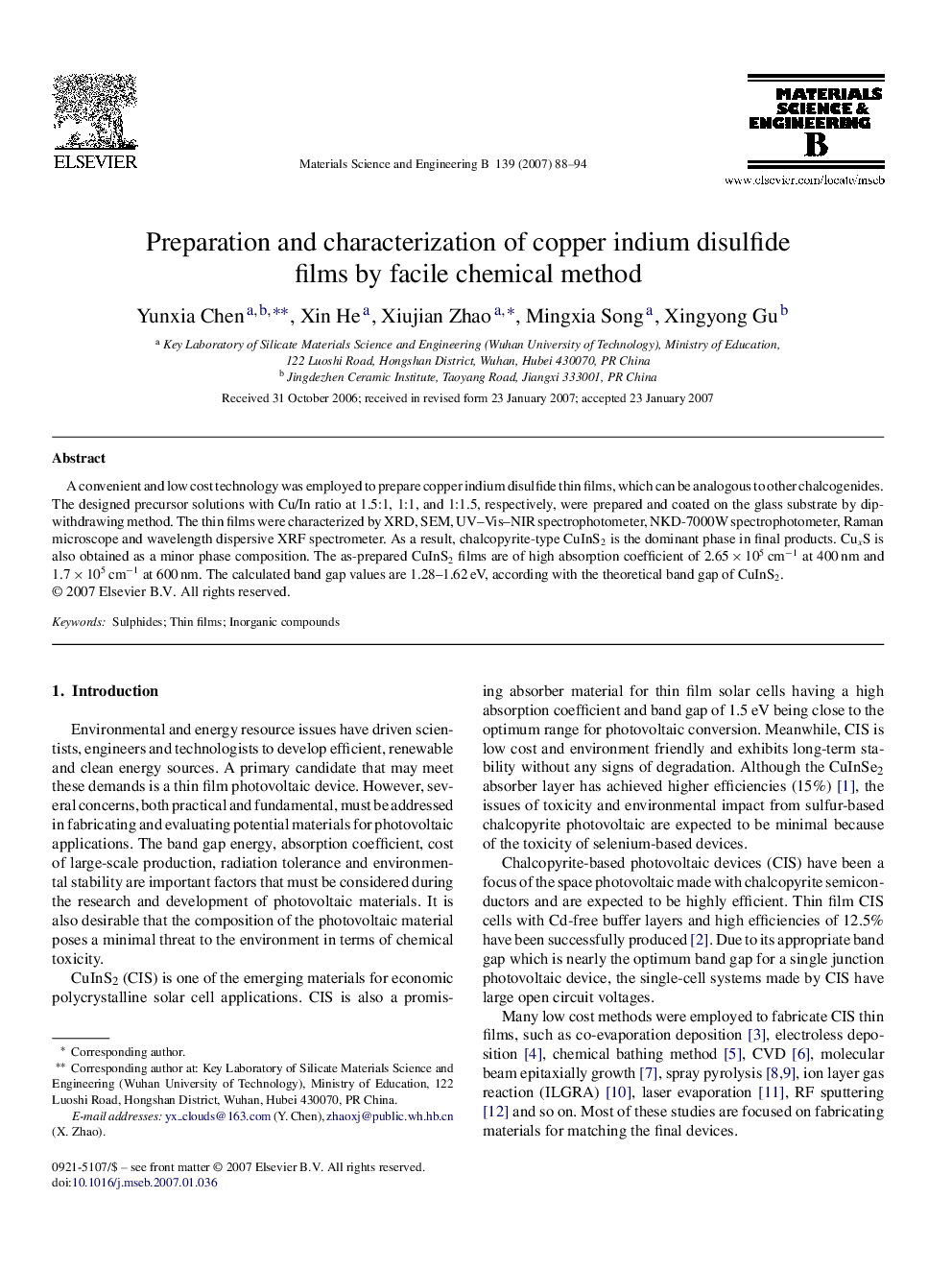 Preparation and characterization of copper indium disulfide films by facile chemical method