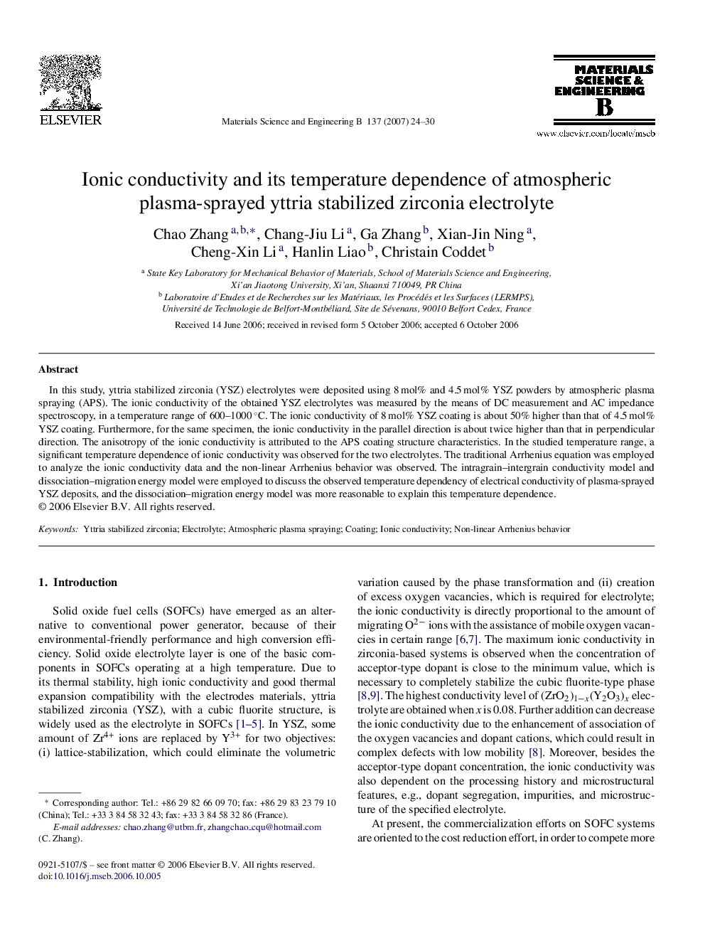 Ionic conductivity and its temperature dependence of atmospheric plasma-sprayed yttria stabilized zirconia electrolyte