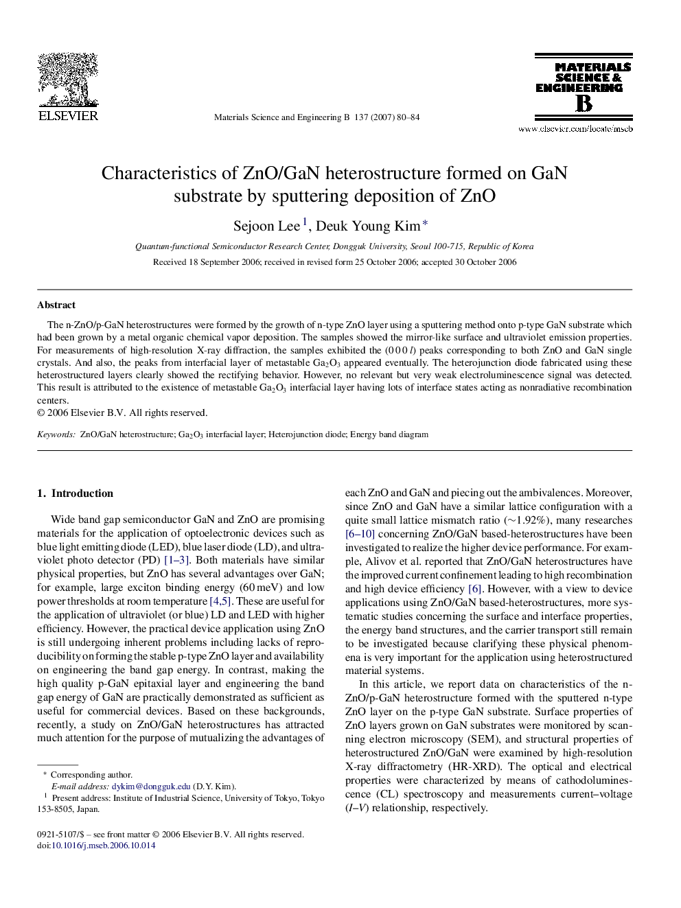 Characteristics of ZnO/GaN heterostructure formed on GaN substrate by sputtering deposition of ZnO