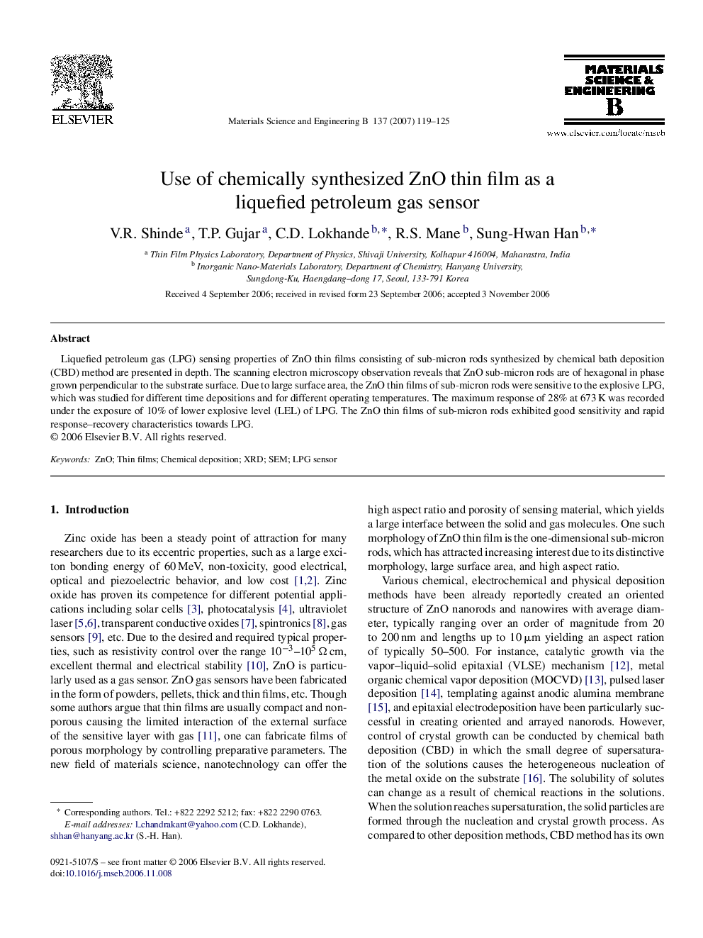 Use of chemically synthesized ZnO thin film as a liquefied petroleum gas sensor