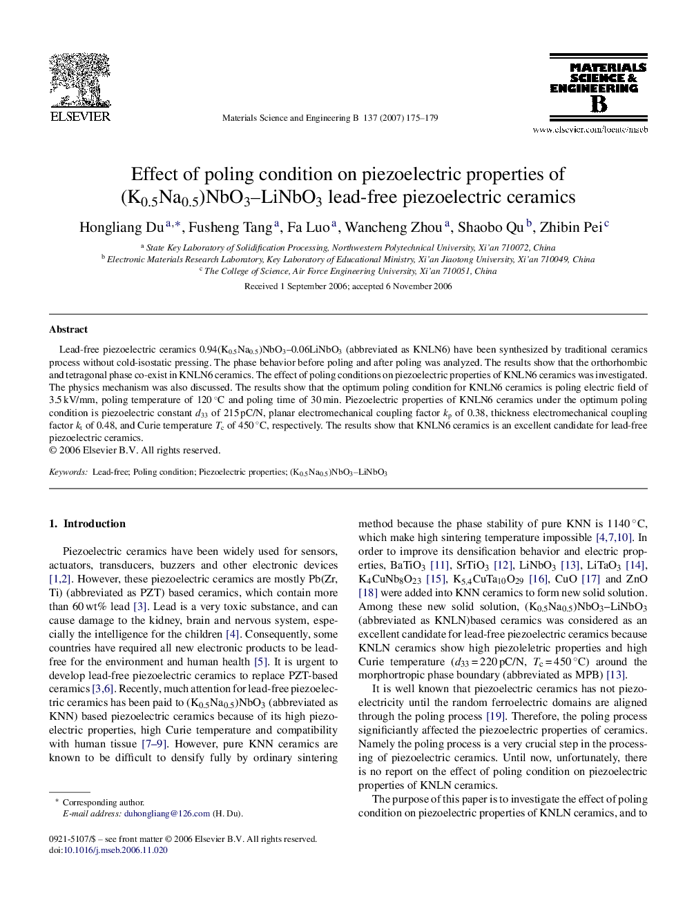 Effect of poling condition on piezoelectric properties of (K0.5Na0.5)NbO3–LiNbO3 lead-free piezoelectric ceramics