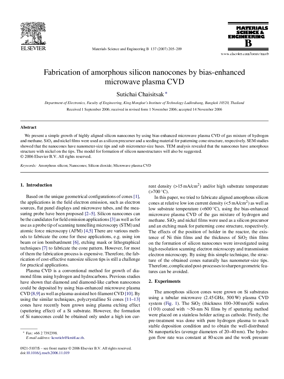 Fabrication of amorphous silicon nanocones by bias-enhanced microwave plasma CVD