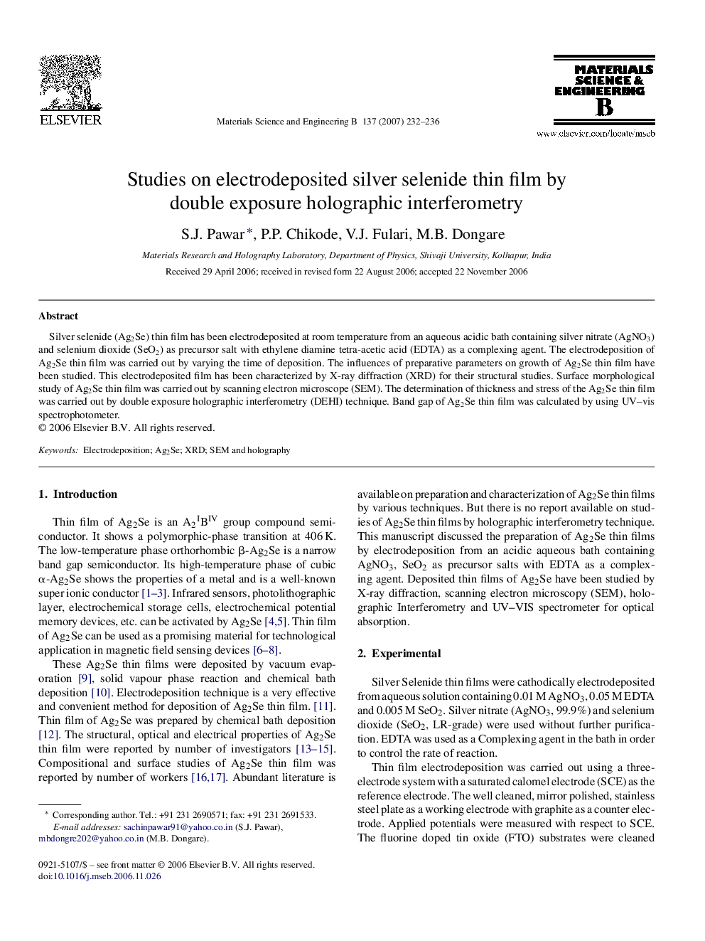 Studies on electrodeposited silver selenide thin film by double exposure holographic interferometry