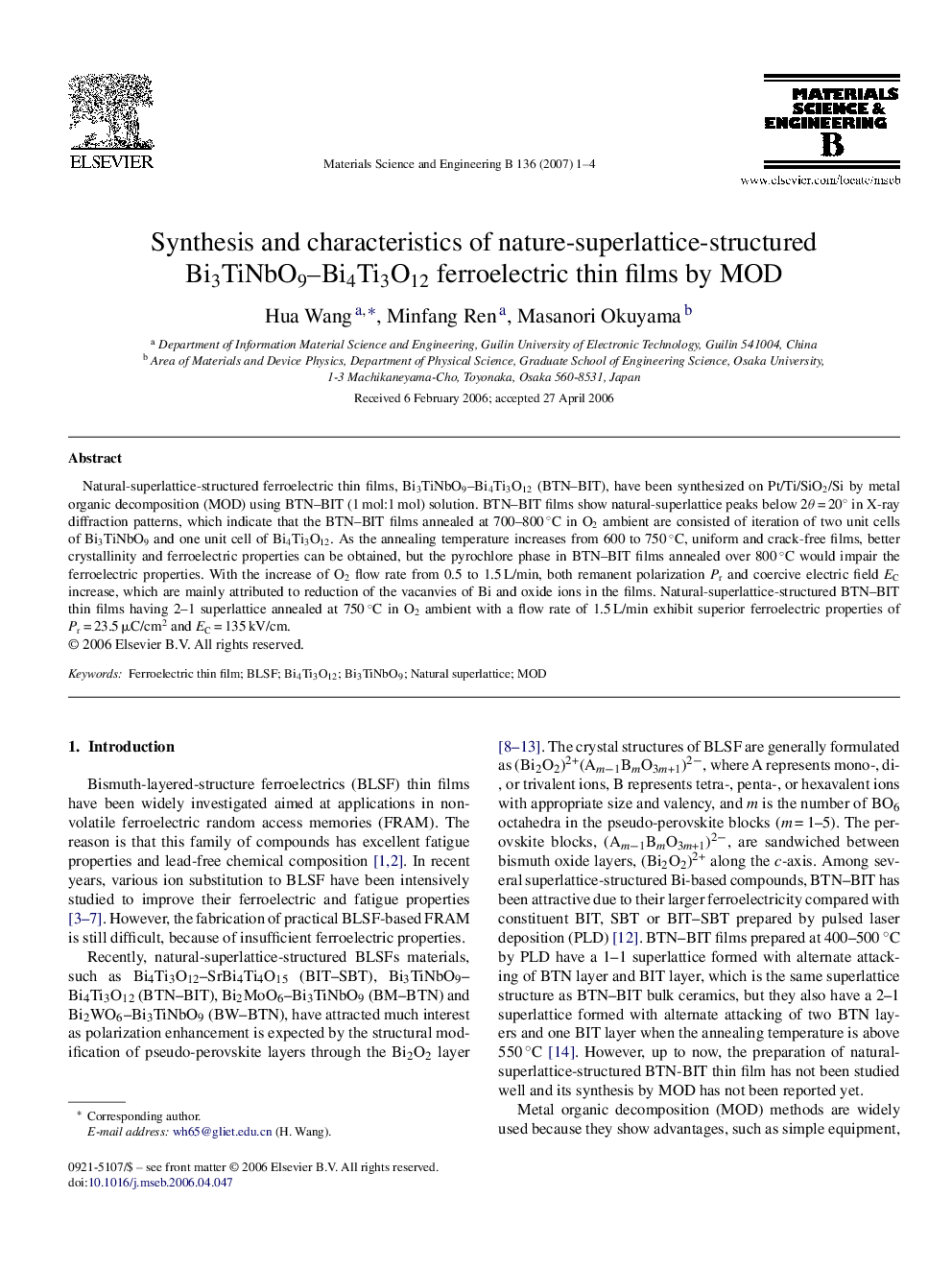 Synthesis and characteristics of nature-superlattice-structured Bi3TiNbO9-Bi4Ti3O12 ferroelectric thin films by MOD