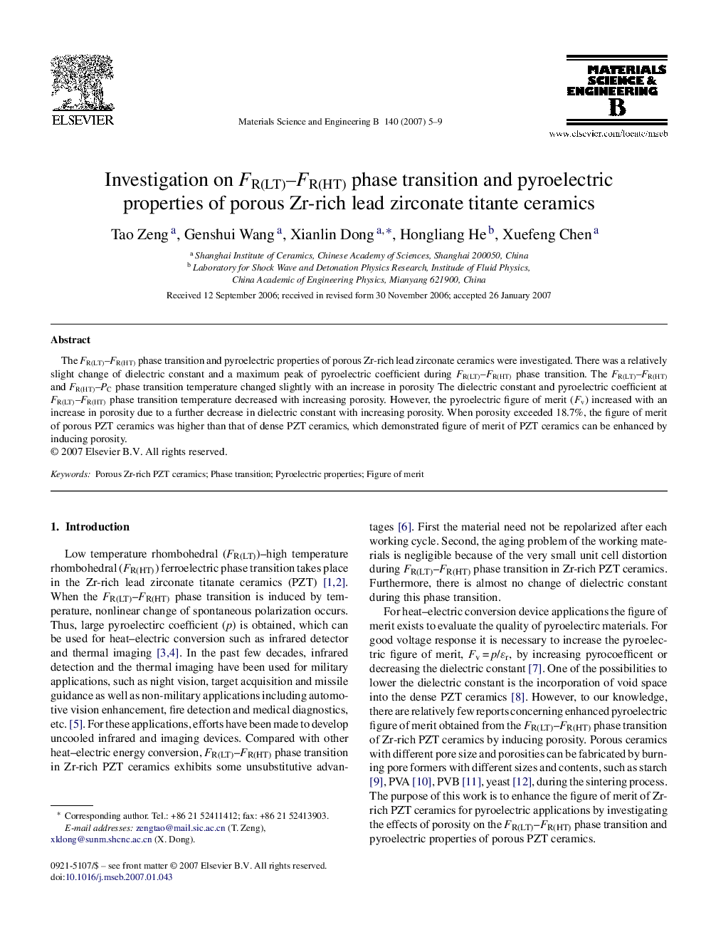 Investigation on FR(LT)–FR(HT) phase transition and pyroelectric properties of porous Zr-rich lead zirconate titante ceramics